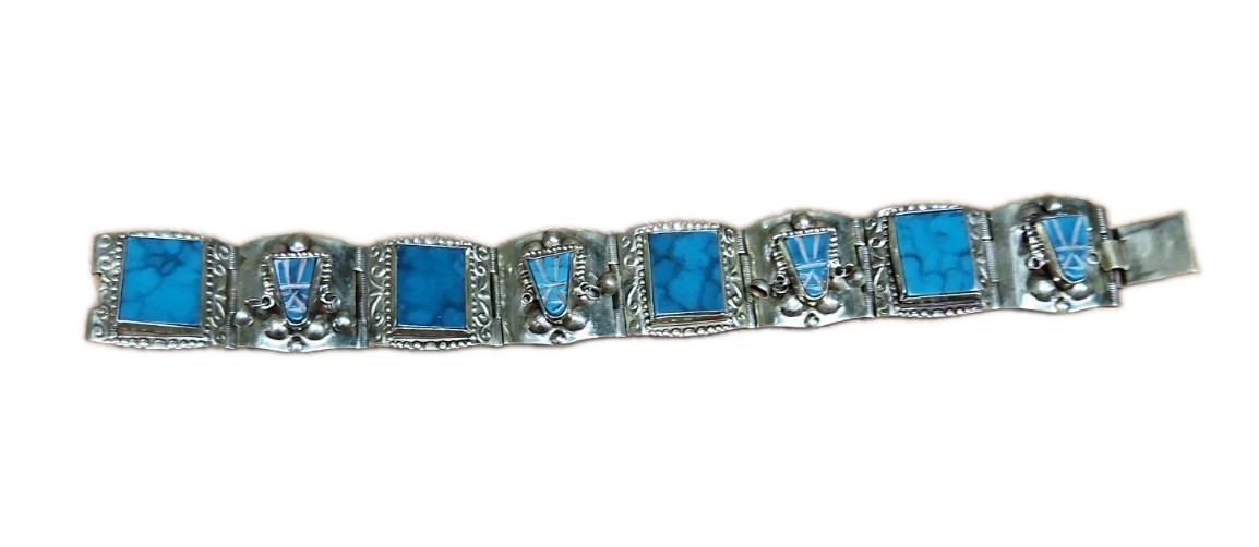 Vintage Silver & Turquoise Hecho En Mexico Taxco Alpaca Warrior Mask Bracelet 7”