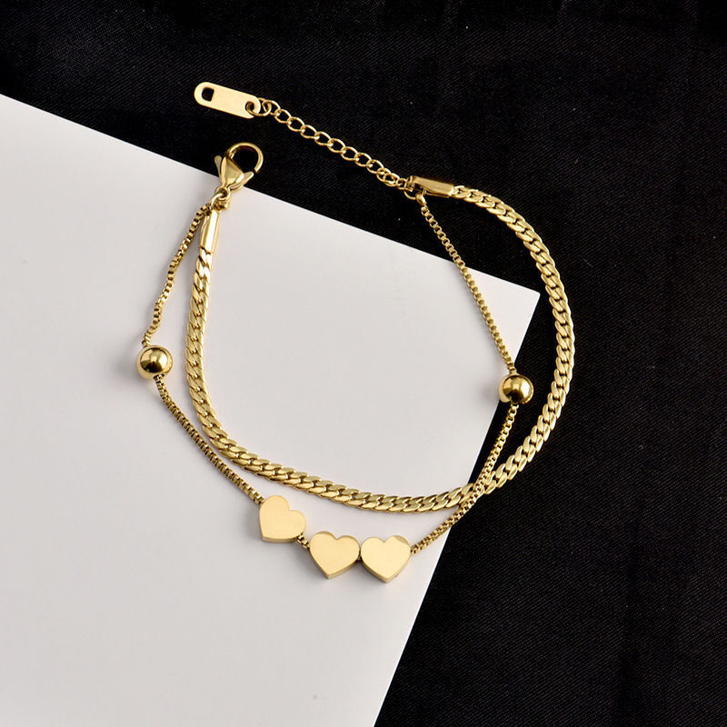 Woman 18K Gold Plated 2 Layers Curb Chain Heart Charm Beaded Bracelet Bangle