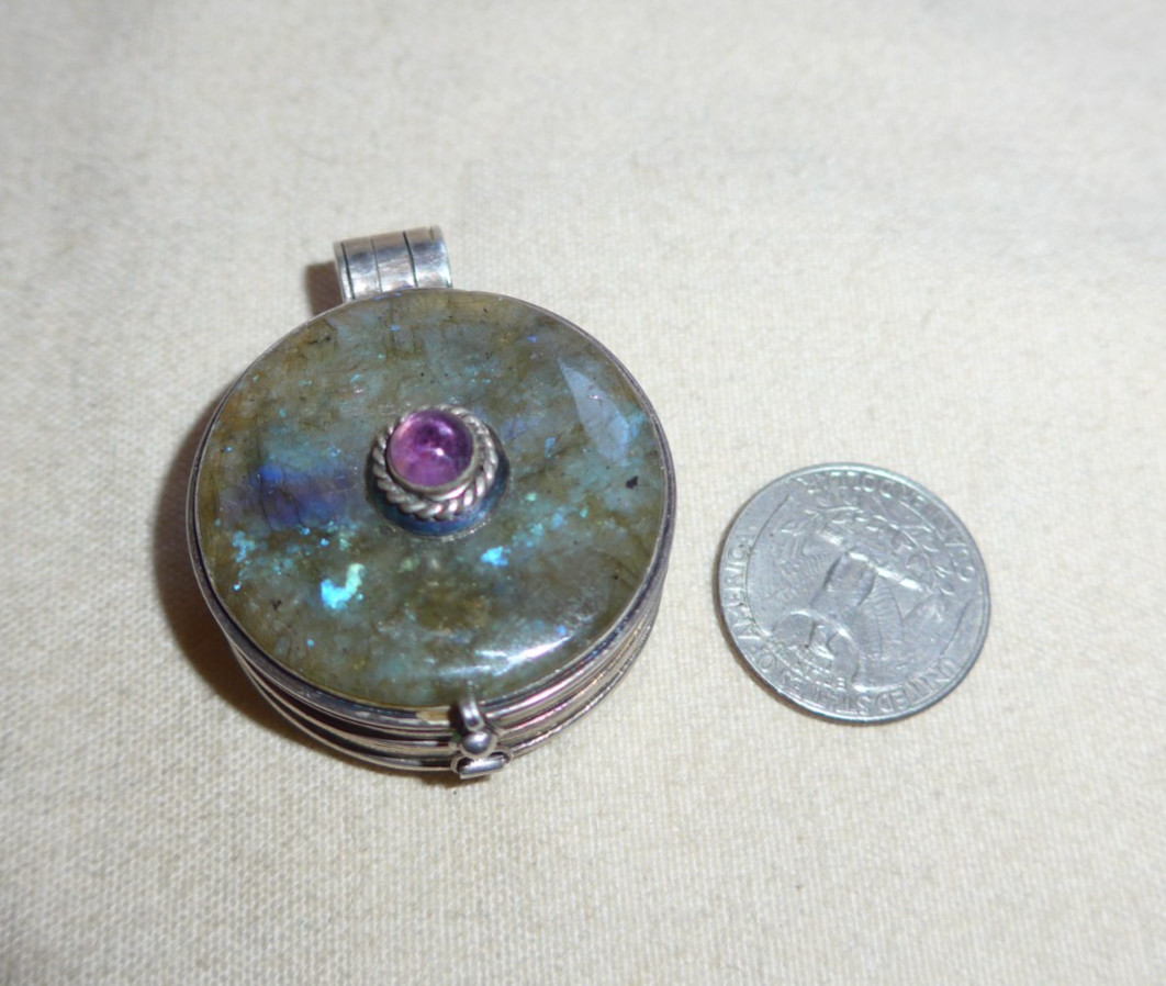 RARE vtg Sterling Silver Labradorite & Amethyst Pill Box Pendant 36g