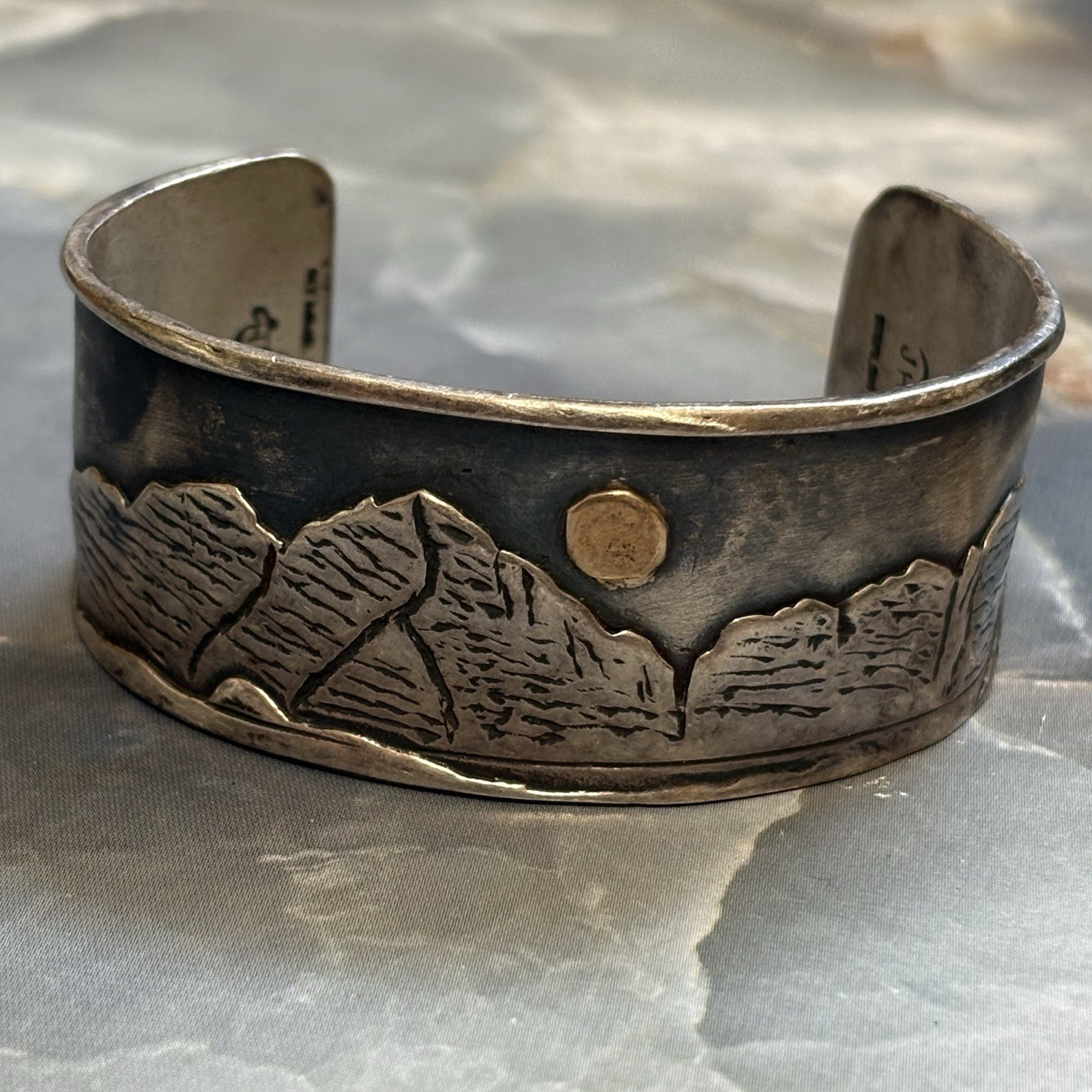 Vintage Native 925 Sterling Silver Storytelling Cuff Gold Moon JH Maker Mark