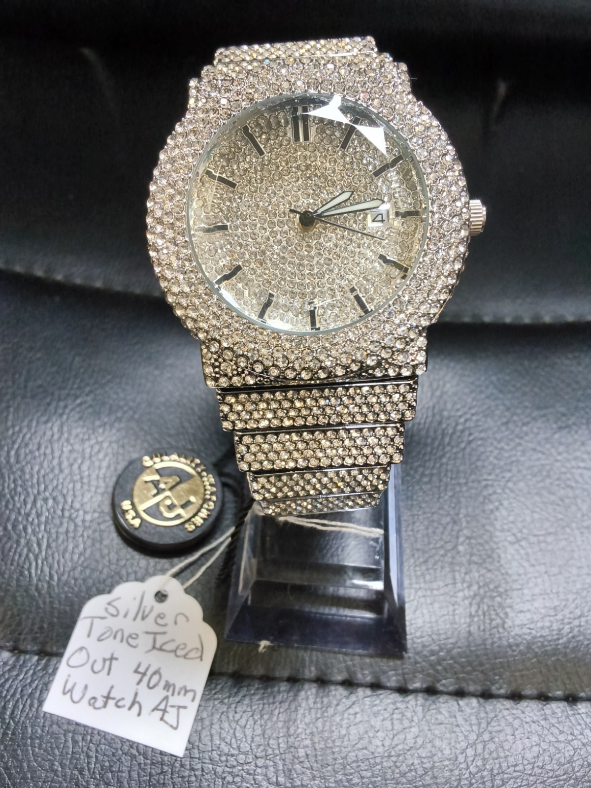 AJ Silver Tone Iced Out Quartz Watch 40mm Crystal Dial Date Men’s NewPrice:…