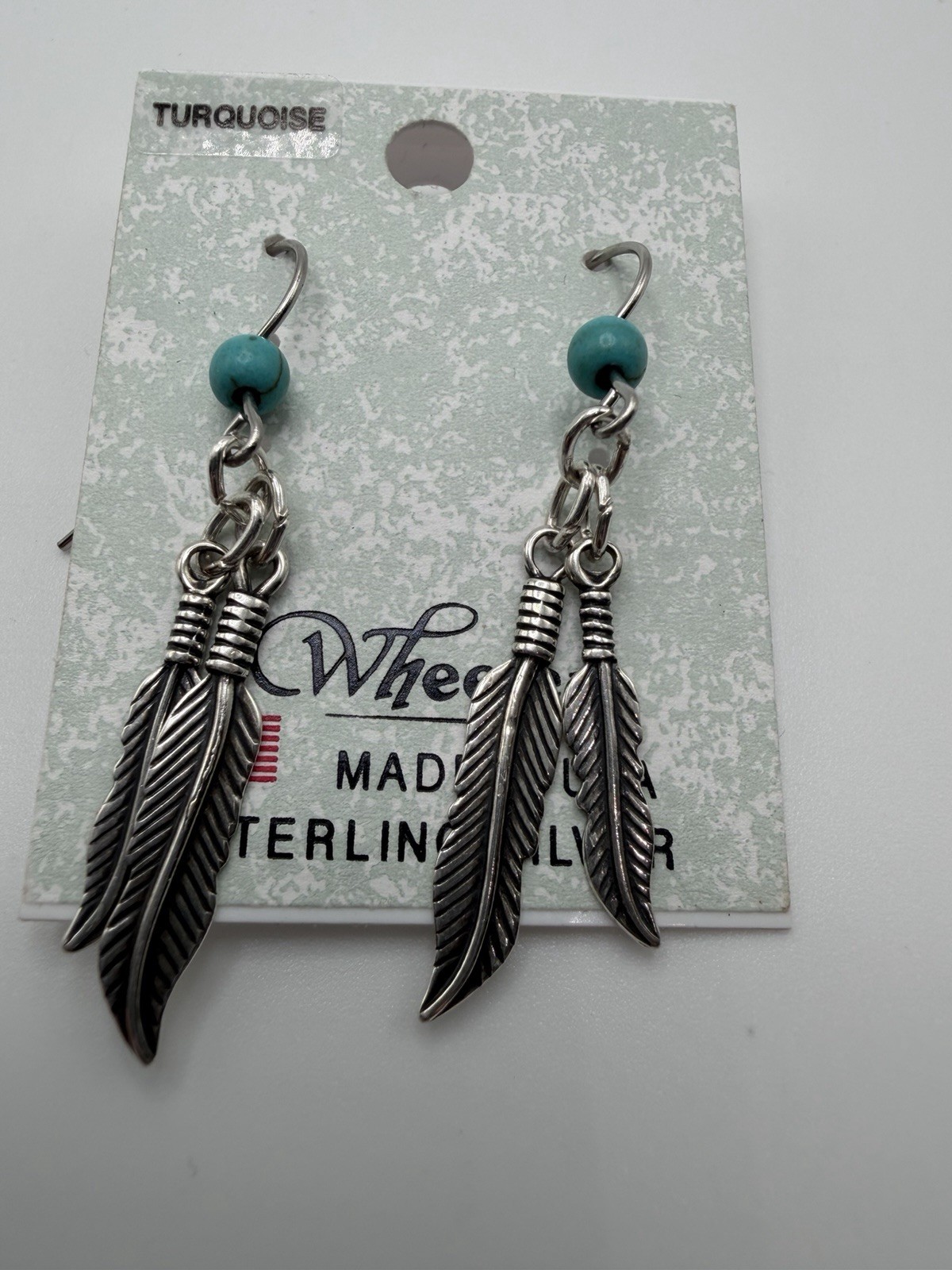 Vintage Wheeler Mfg Turquoise Sterling Silver 925 Feather Dangle Earrings