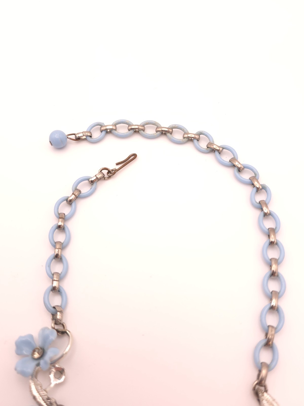 Silver Tone Blue Flower Pendant Necklace Rhinestone Crystal Cable Chain Hook