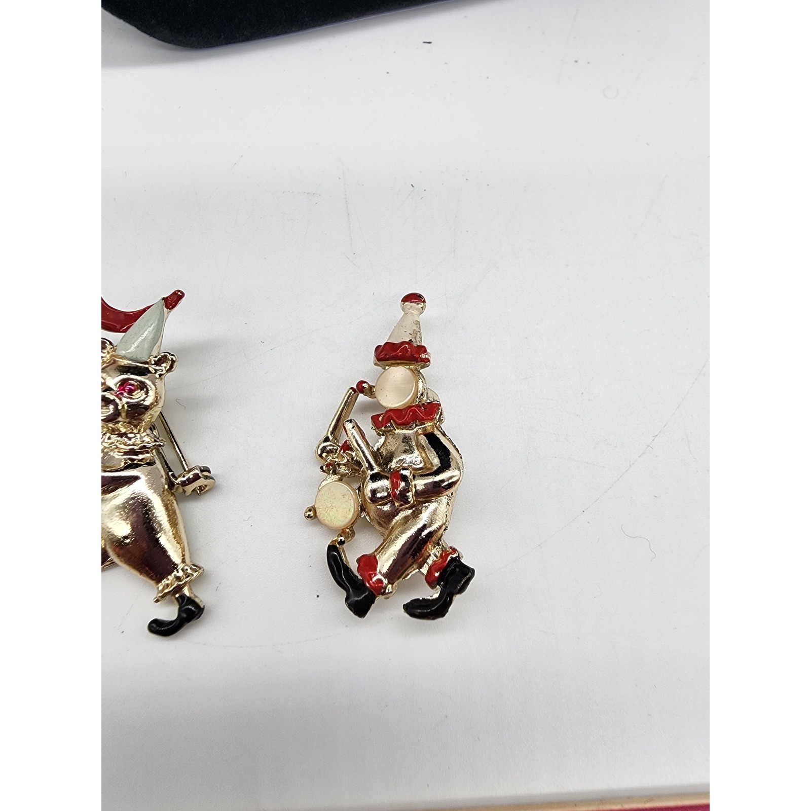 Vintage Gold Tone Circus Parade Brooch Set Bear with Flag and Musician Clown Pin