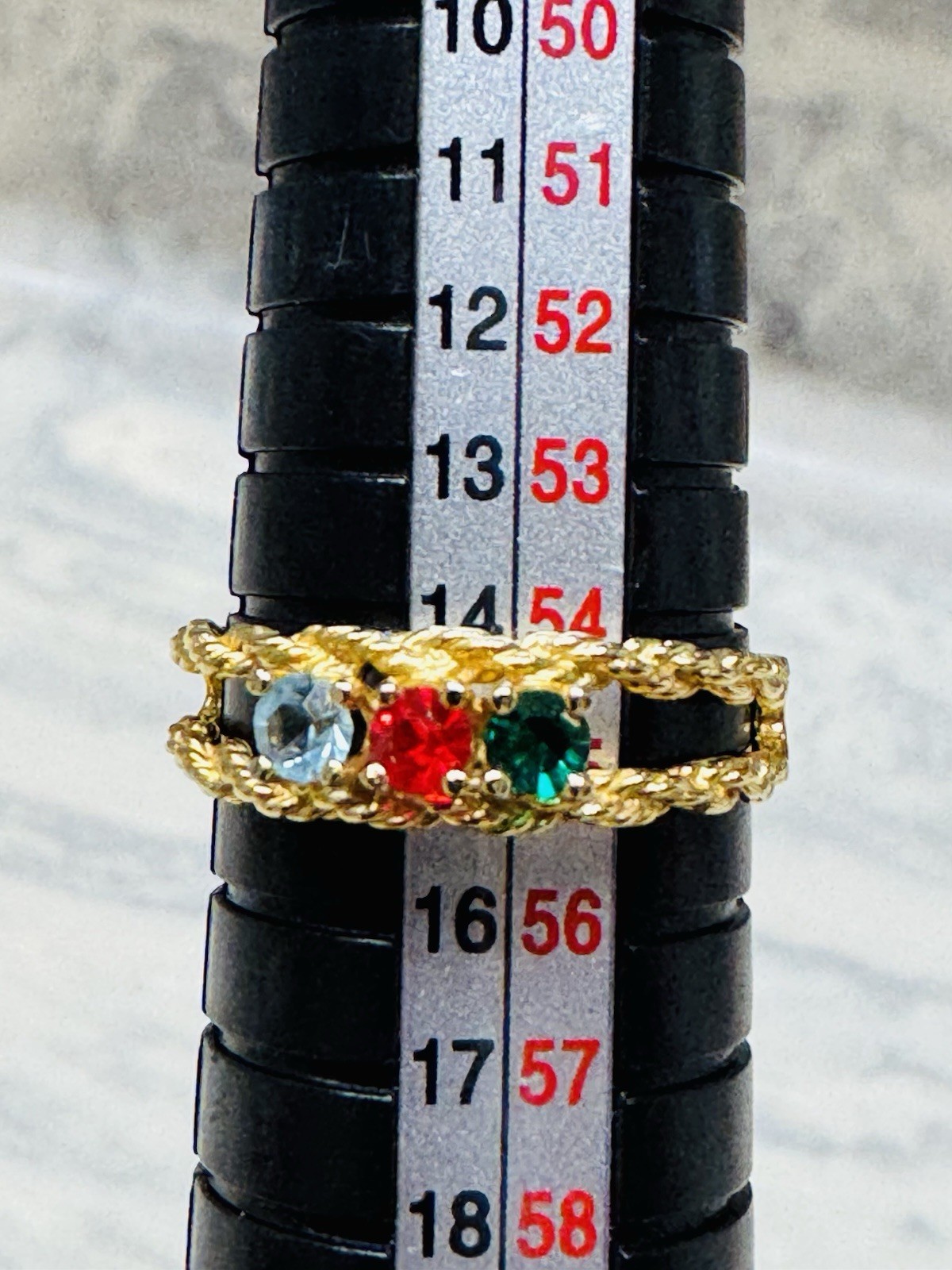 Vintage Gold Plated Sample Ring 3 Stone Blue Red Green CZ Size 7 Twisted Band
