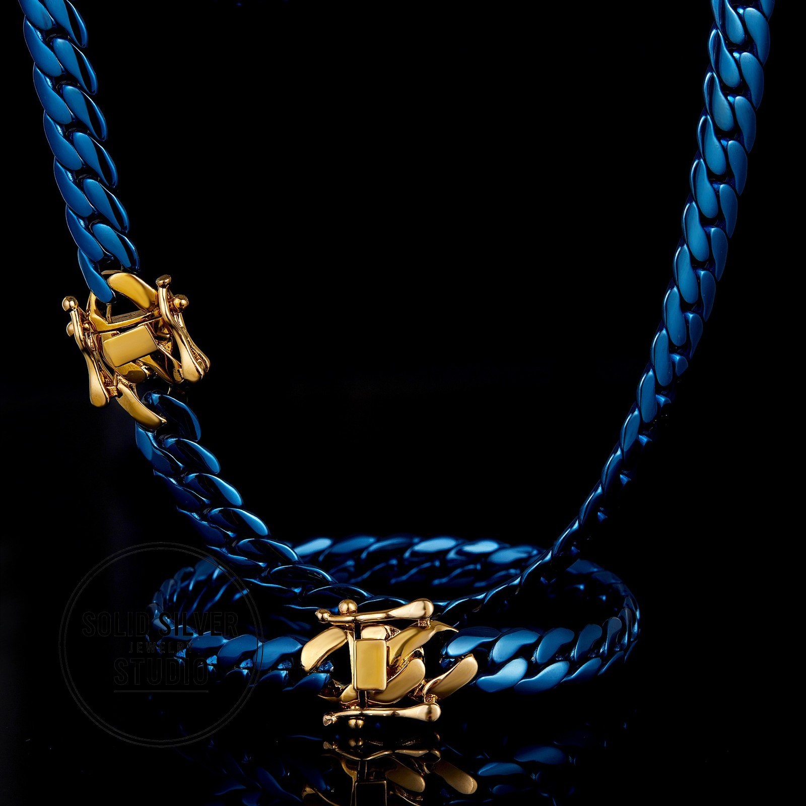 Blue & Gold Cuban Link Necklace or Bracelet Stainless Steel Chain Men’s Gift