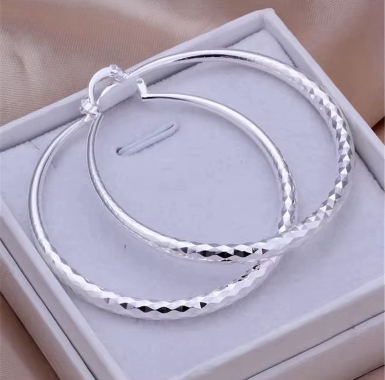 5CM ROUND HOOP DIAMOND CUT 925 SILVER PLATED EARRINGS LIGHT WEIGHT 2”