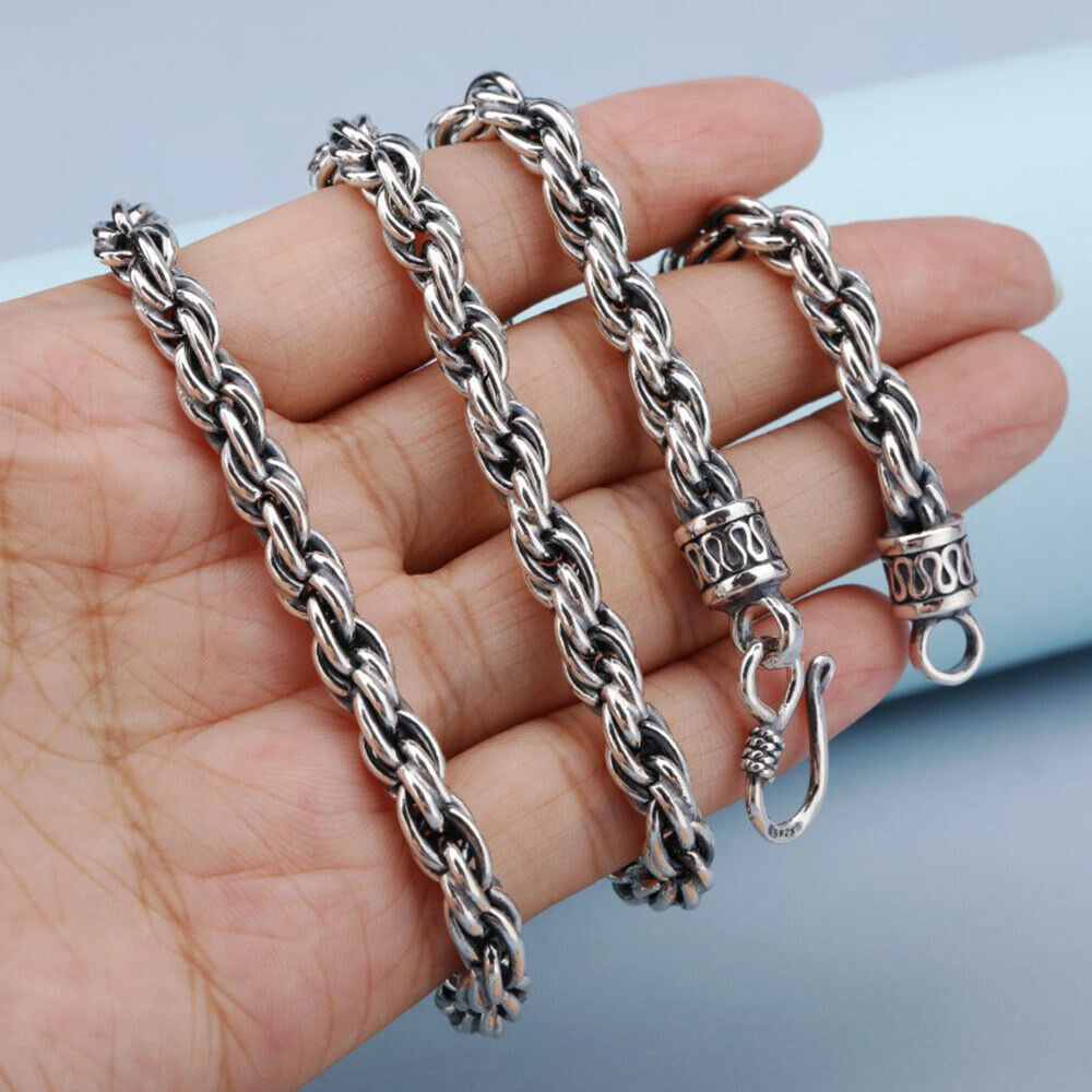Pure S925 Sterling Silver 925 Chain 5mm 6mm 8mm Twist Rope Link Necklace 20-30in