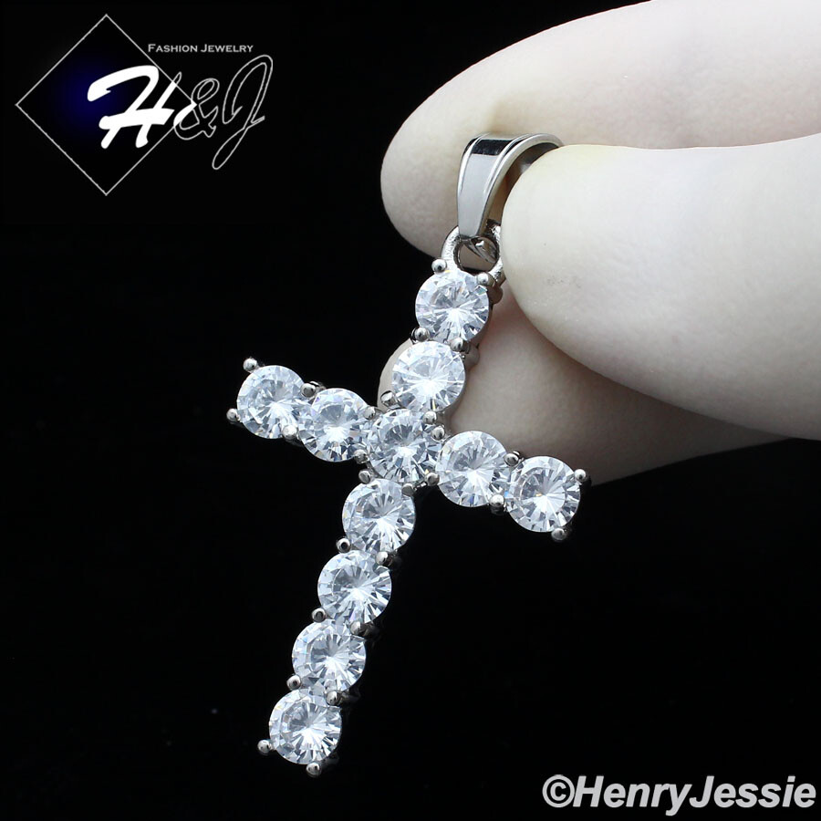 18-36″MEN Stainless Steel 3mm Silver Box Link Necklace ICY CZ Cross Pendant*P127
