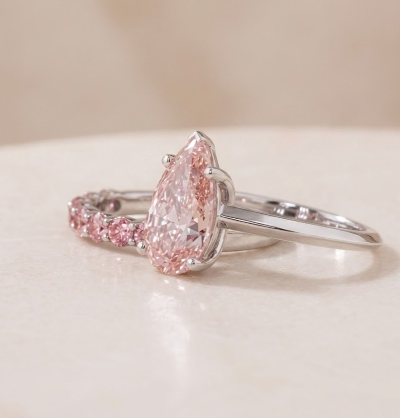 Certified 3 CT Pear Cut Pink Diamond Ring with matching band Ring-Tariffs FREE