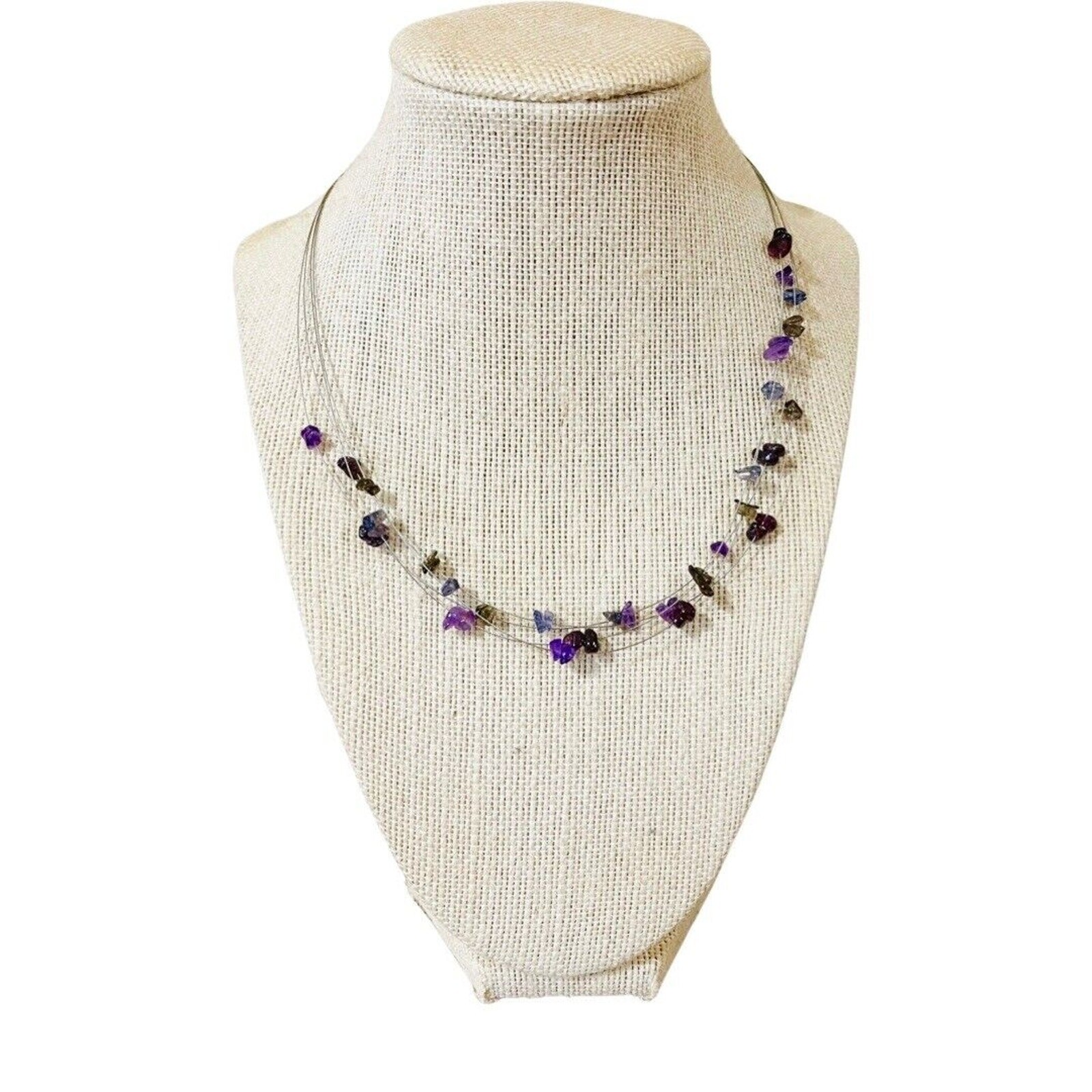 Gemstone Chip Necklace and Dangle Earrings 4-Strand Necklace Purple Shades