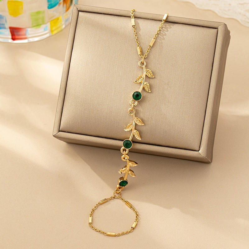 Green Rhinestone Leaf Hand Chain Ring Bracelet Imitation Pearl Zircon Jewelry