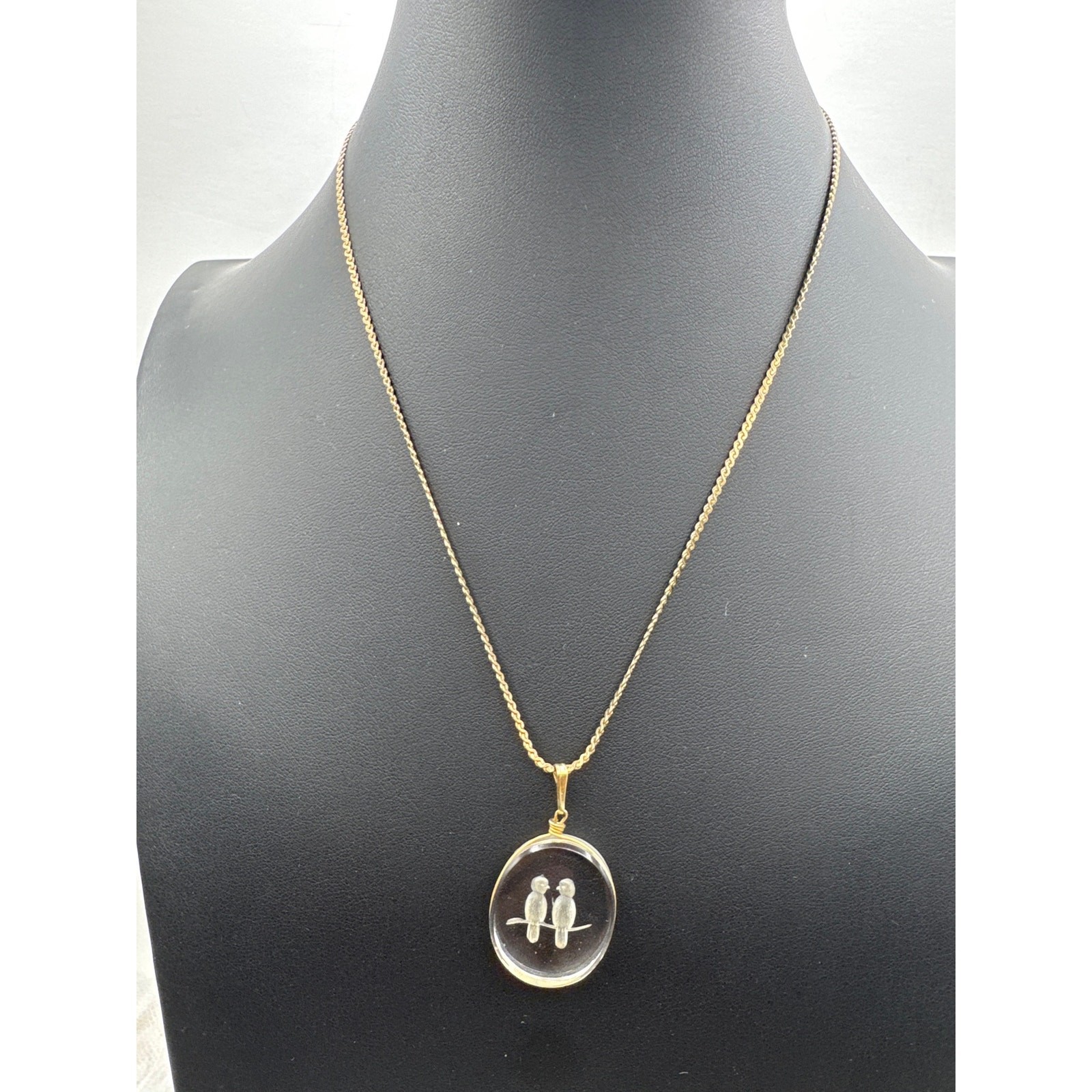 Vintage Gold Filled Intaglio Glass Clear Bird Pendant Chain Necklace
