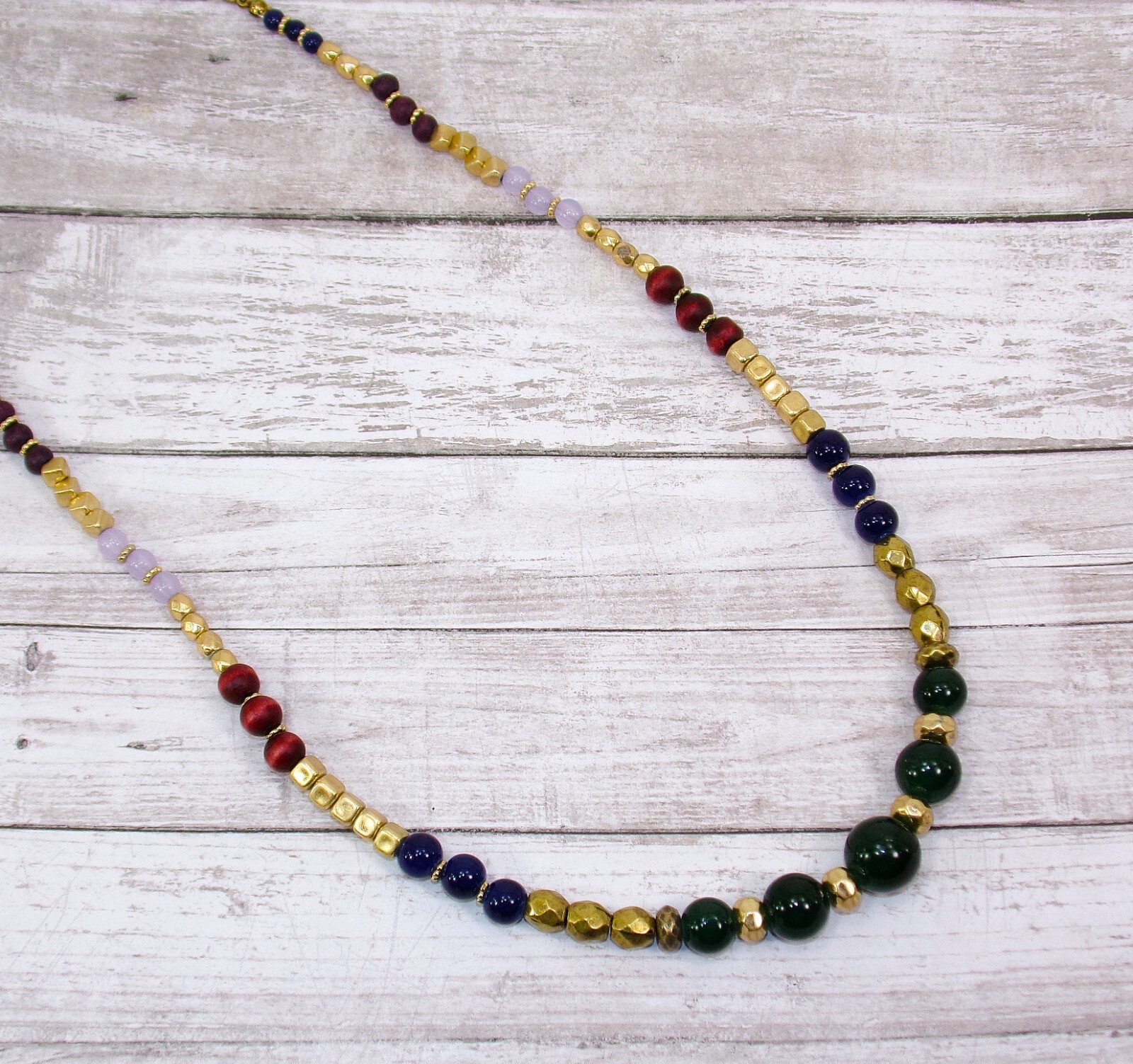 Multi color bead necklace with green, blue brown, gold glass and wood beads New