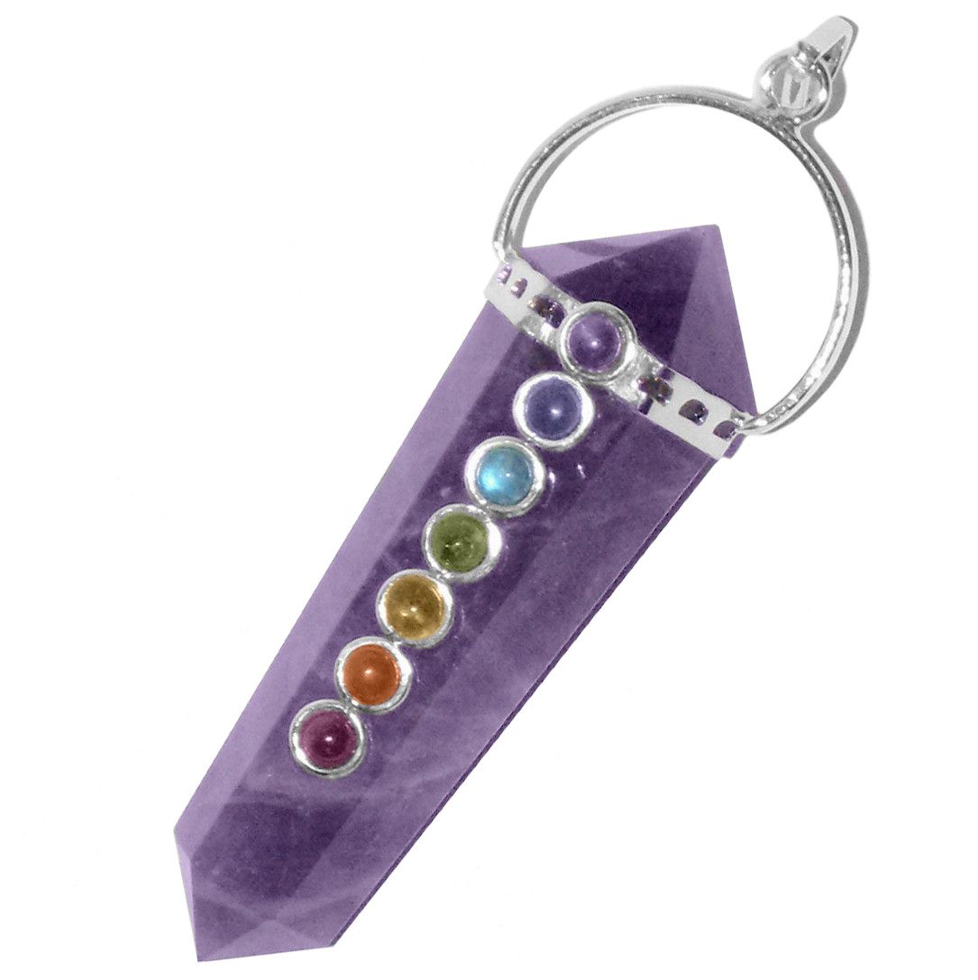 Amethyst Crystal 7 Chakra Double Point Pendant Sterling Silver Necklace Reiki He