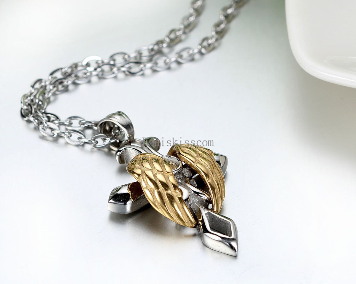 Men Women Angel Wing Celtic Cross Rhinestone Stainless Steel Pendant Necklace