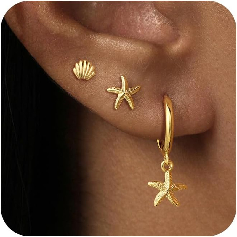 3 Pairs 14K Gold Plated Dangle Earrings Set for Women, Dainty Seashell Starfish