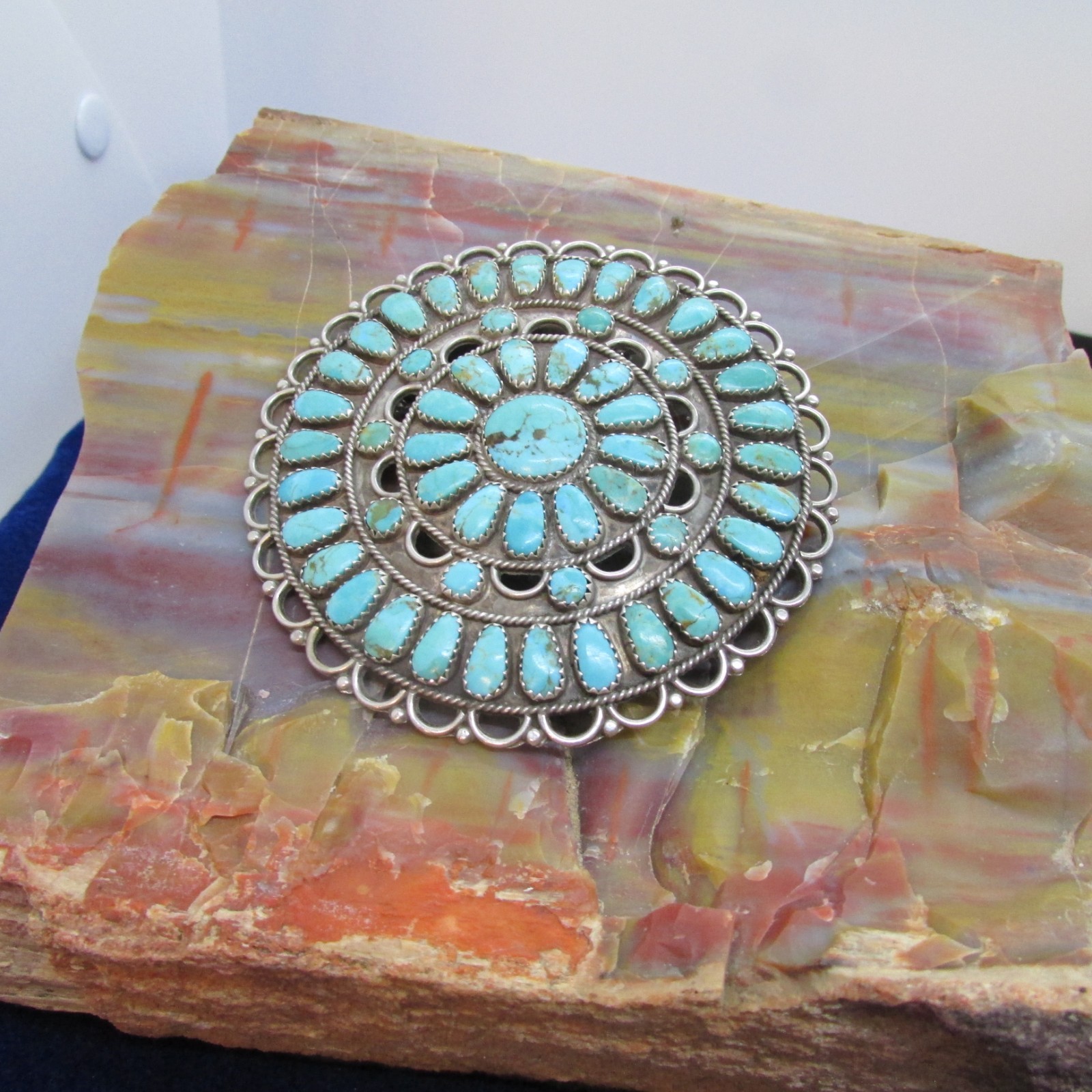 VINTAGE SOUTHWEST N A LMB HUGE TURQUOISE PENDANT OR BROOCH SIGNED