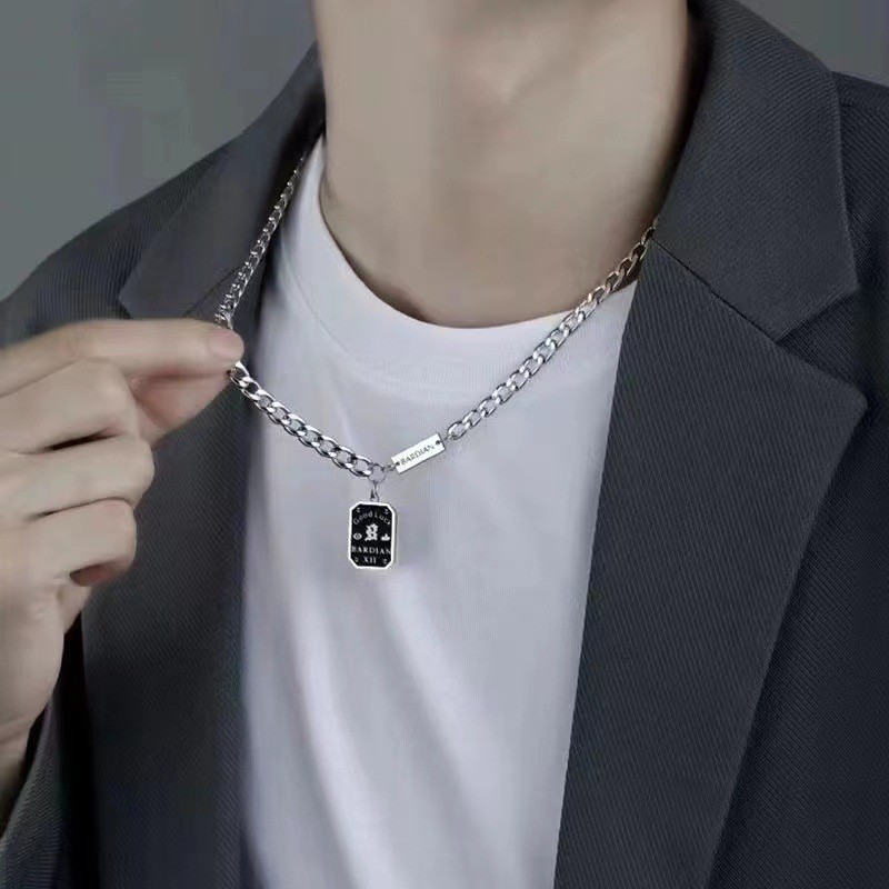 Minimal Figaro Chain Tag Pendant Necklace Stainless Silver Tone Unisex Jewelry