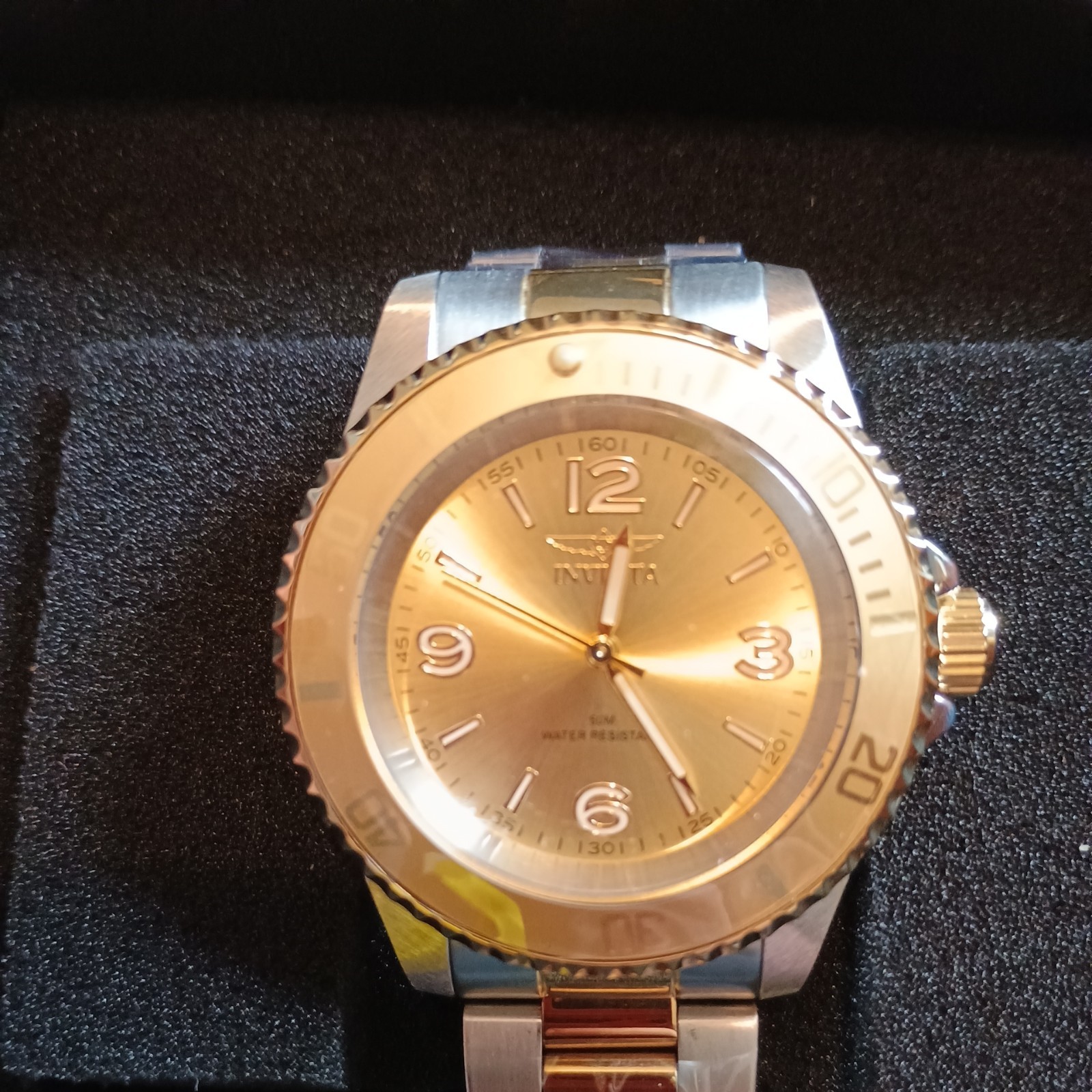 Invicta Men’s Two-Tone Stainless Steel Gold Dial Analog Wristwatch 50m Box