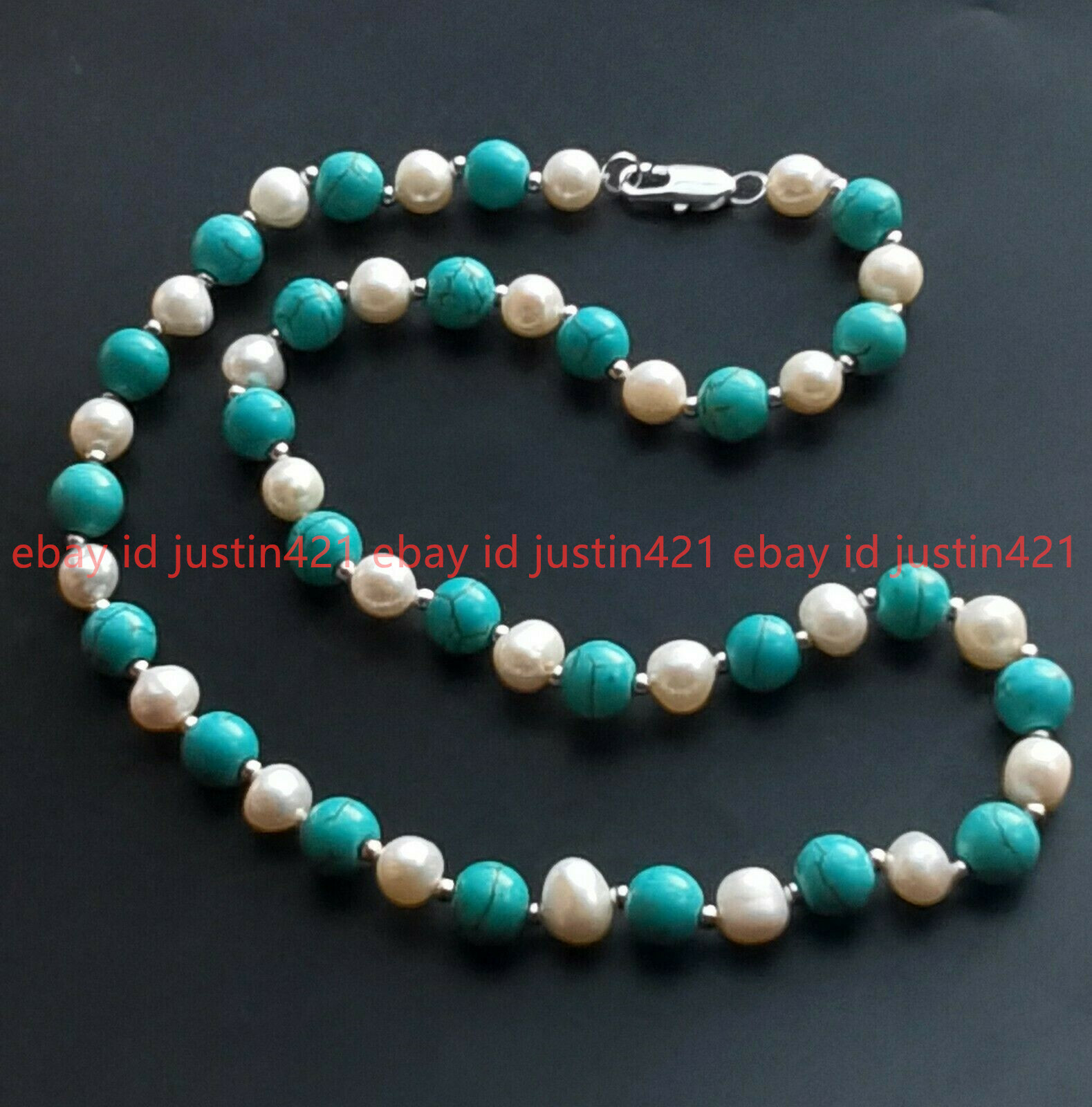 Long 36 inch 7-8mm White Pearl 8mm Blue Turquoise Round Beads Necklace