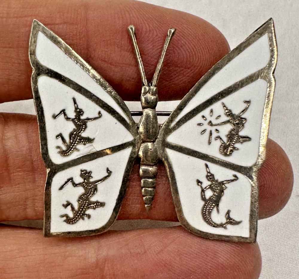 Siam Sterling Silver Butterfly Brooch Shite Goddess Pin White 925 Signed VTG