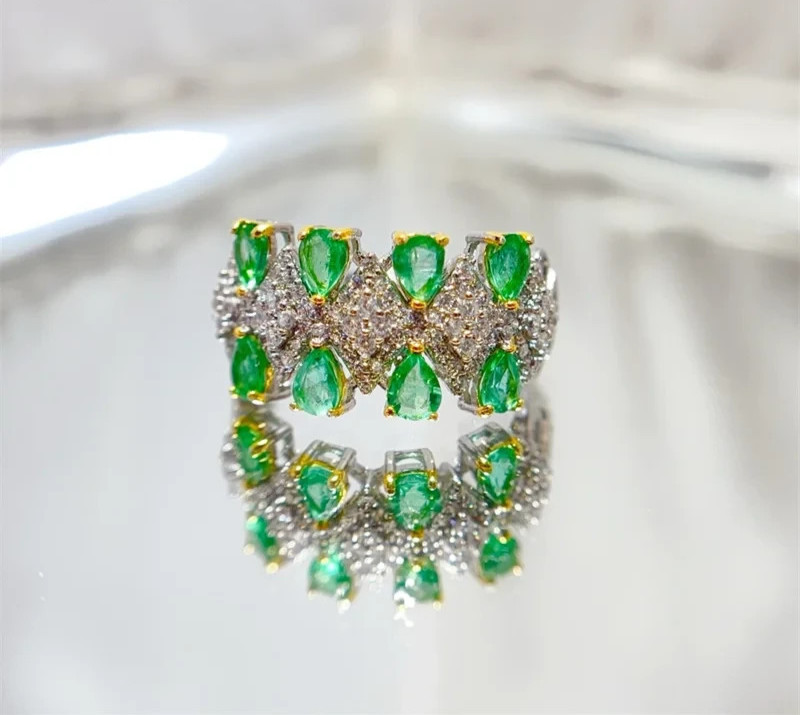Natural Emerald Double Layer Band Ring 3x4mm 925 Sterling Silver with Platinum