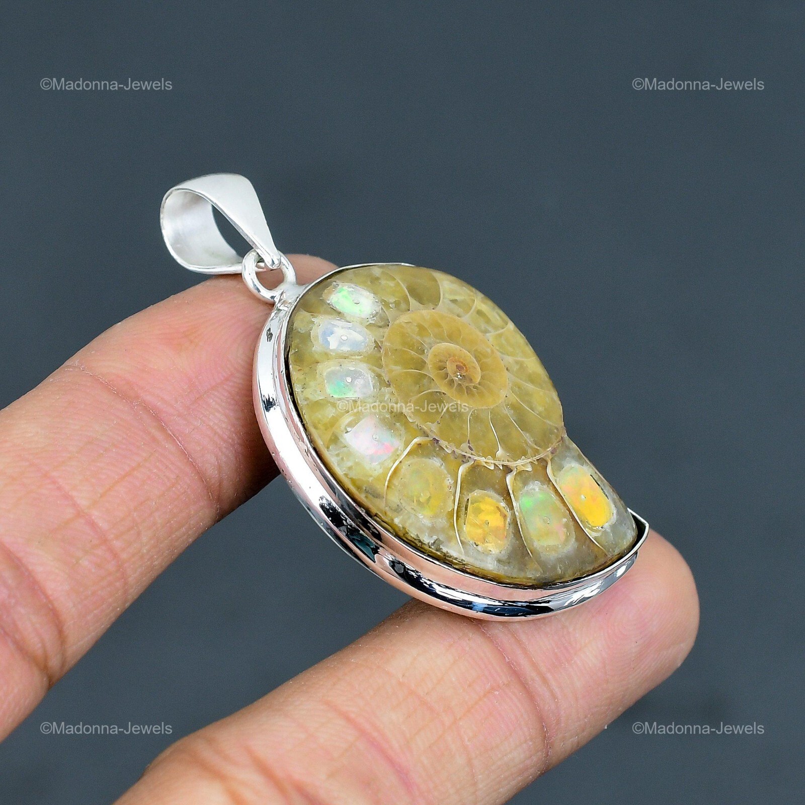 Natural Ethiopian Opal In Ammonite Fossil 925 Sterling Silver Daughter Pendant