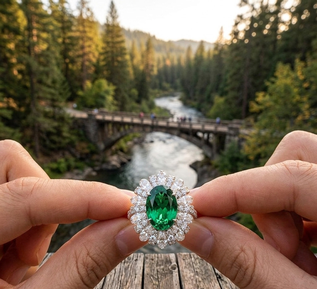 Oval Natural Emerald & Diamond Wedding Gift Ring 14k White Gold (Import Free)