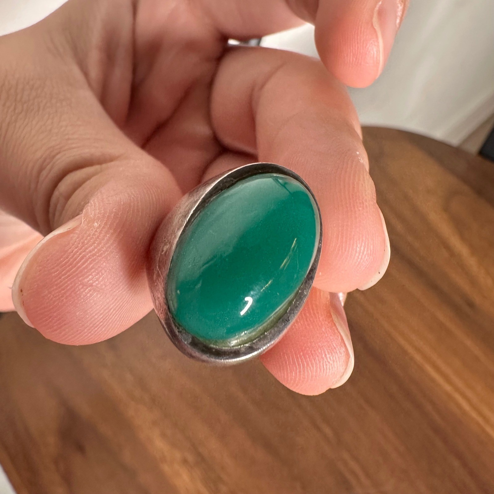 Vintage Modernist 925 Sterling Silver Green Cabochon Ring Artisan Signed “I” 5