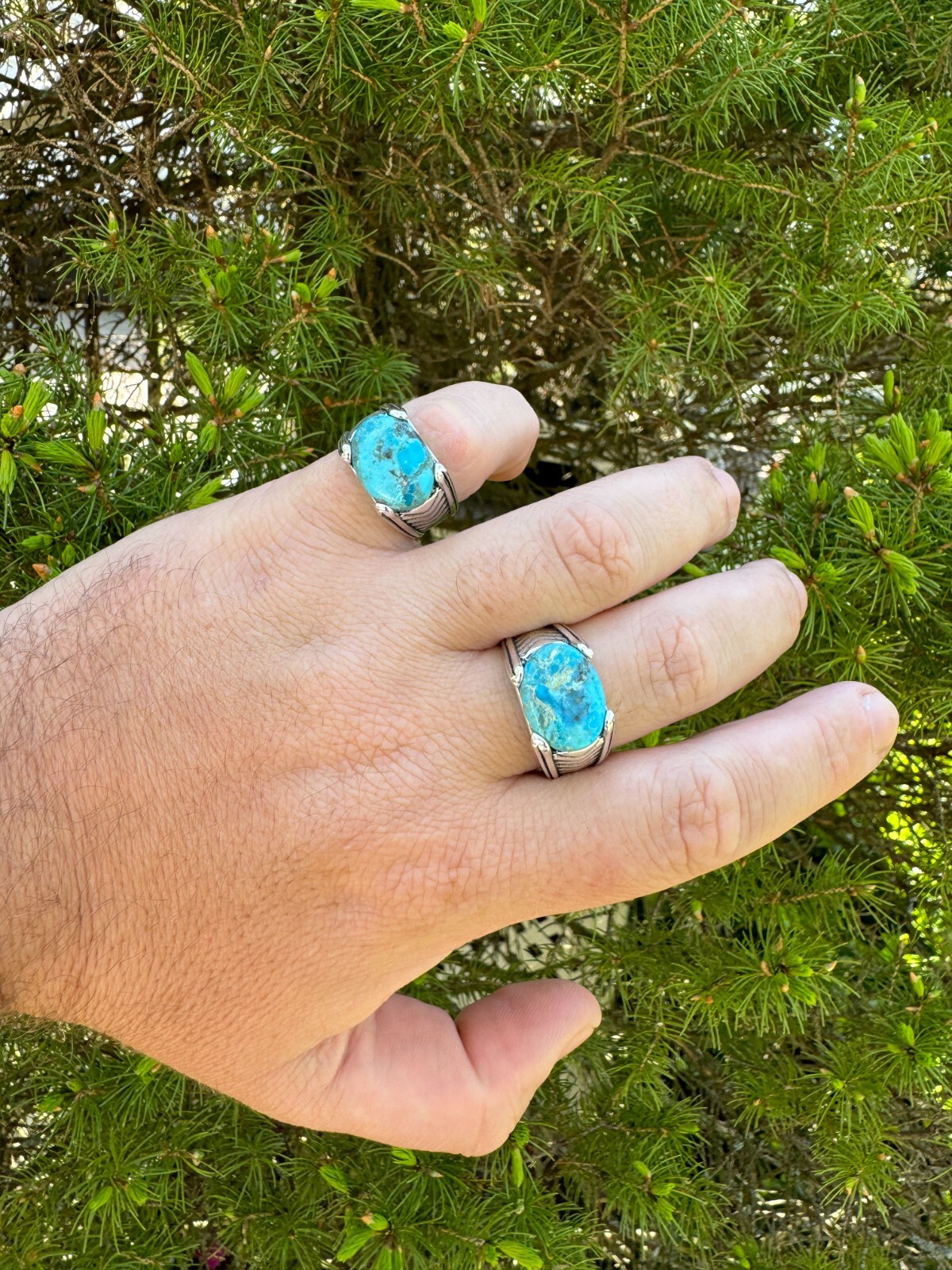 Blue Genuine Turquoise Mens Real Solid 925 Sterling Silver Signet Oval Ring