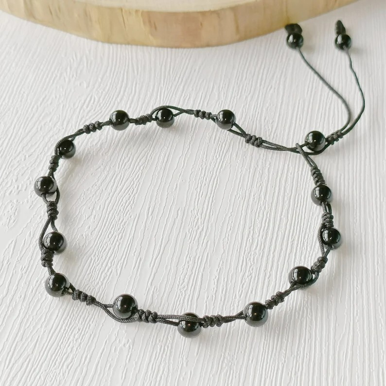 Hand Braided Obsidian Anklet Bracelet Healing Protection Crystal Gemstone Gift