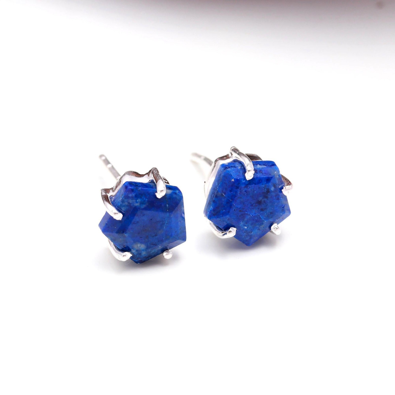 Natural Lapis Lazuli Pentagon Stud Earrings 925 Sterling Silver Handmade Jewelry