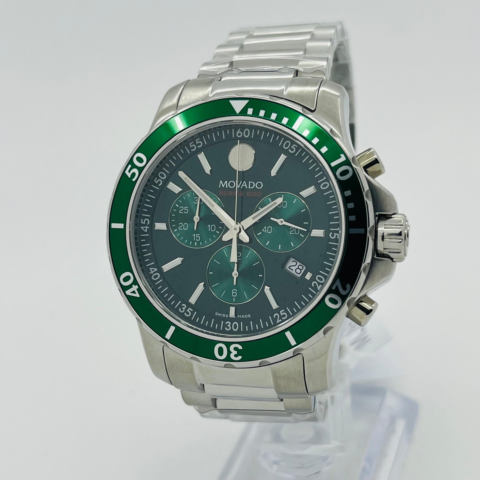 Movado Series 800 Green Chronograph Dial Steel Bracelet Men’s Watch 2600179 New