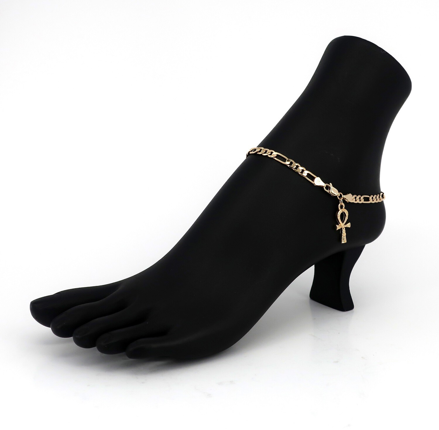 NEW 10″ Figaro Chain Anklet Bracelet Ankh Charm Ankle Bracelet 14k Gold Plated