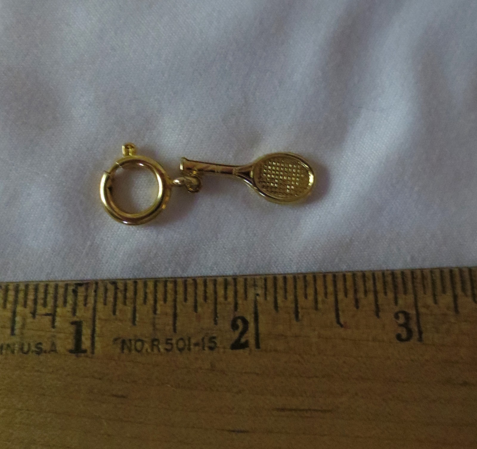 TENNIS RACKET CHARM Pendant Gold Tone Secure Clip Clasp Vintage Sporting Jewelry
