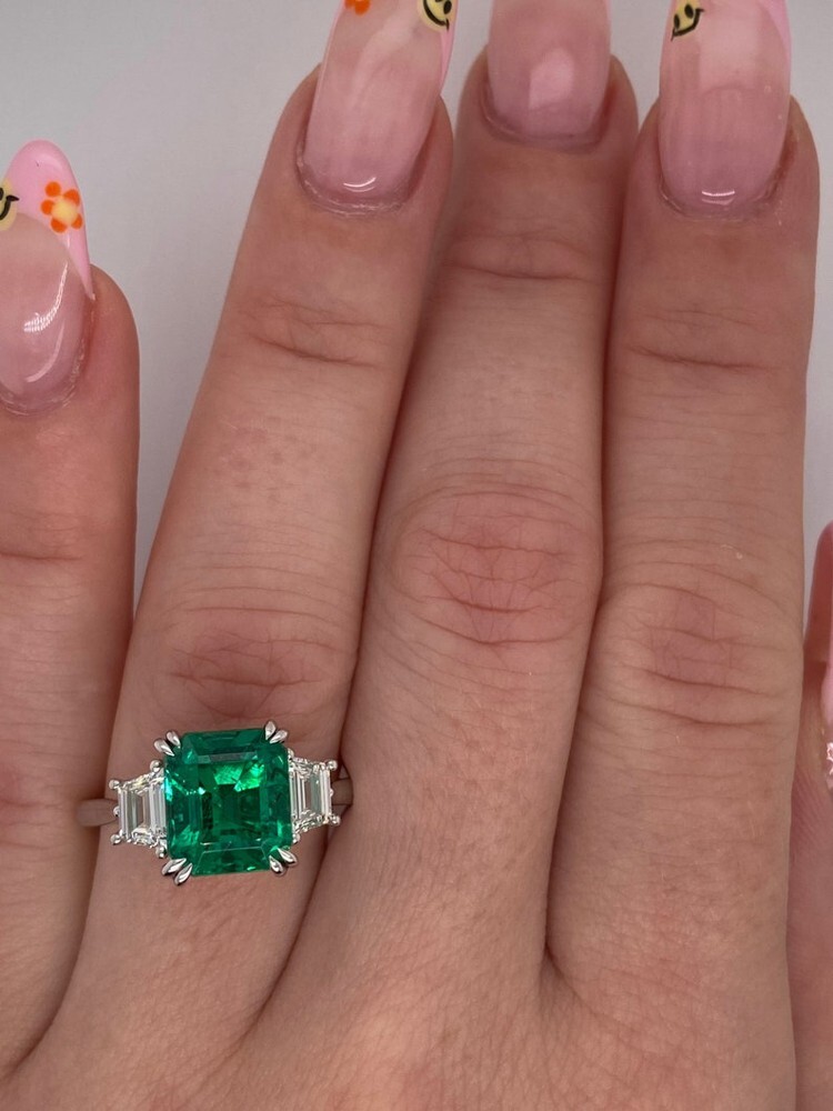 Green Emerald Ring Lab Created Diamond 3.60 Ct 950 Platinum Size 5 6 6.5 7 7.5 8