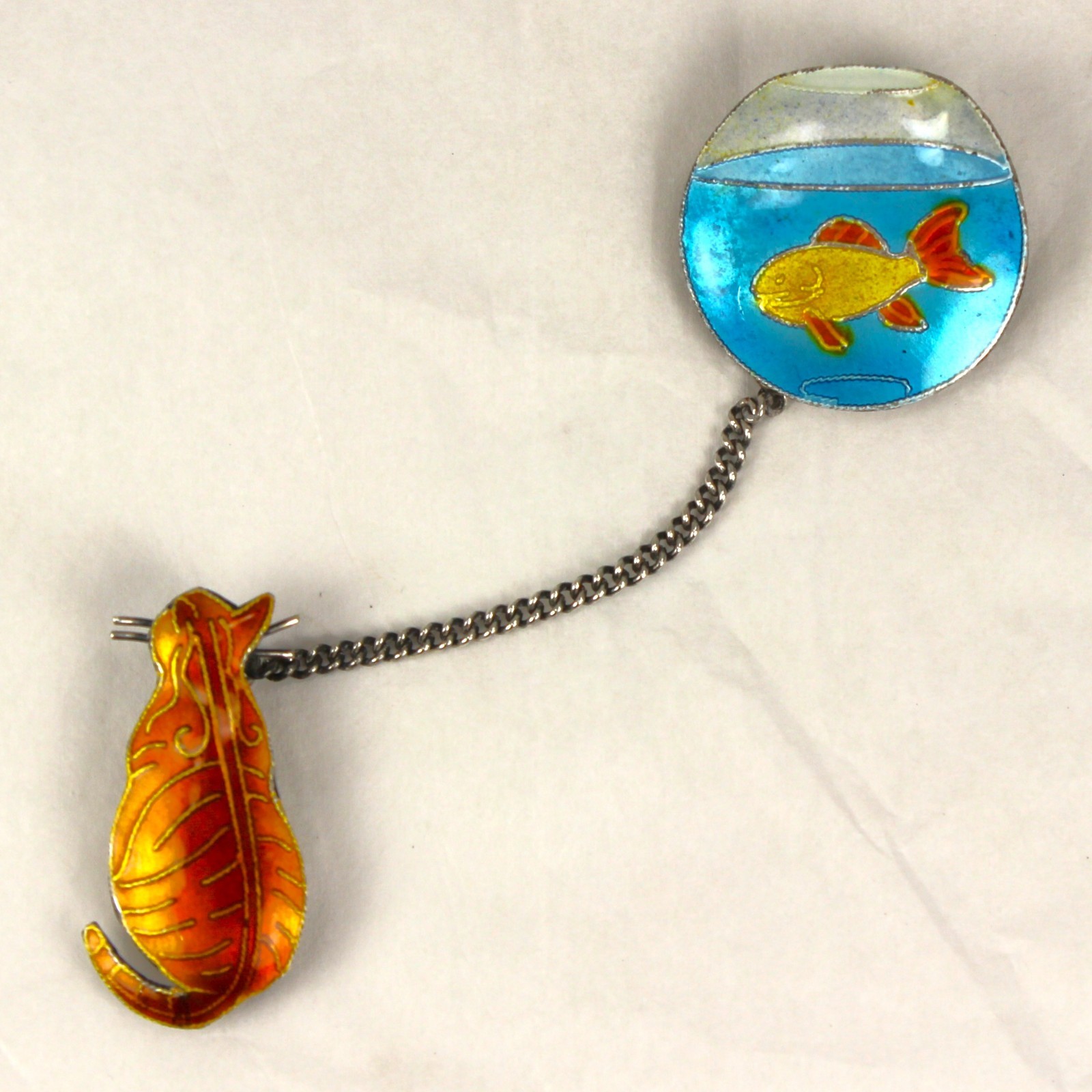 Vintage Zarah Cat Fish Bowl Brooch Chain Link Enamel Sterling Silver Pin NOS