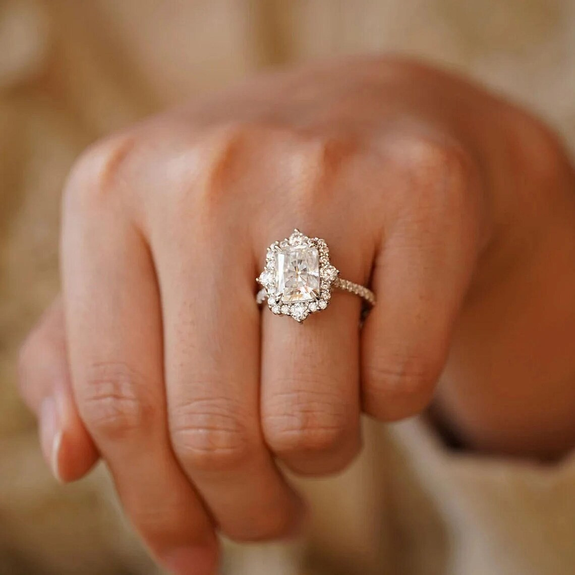 F/VVS1 Radiant Cut 2.50 CT Moissanite Halo Engagement Ring Solid 14K White Gold