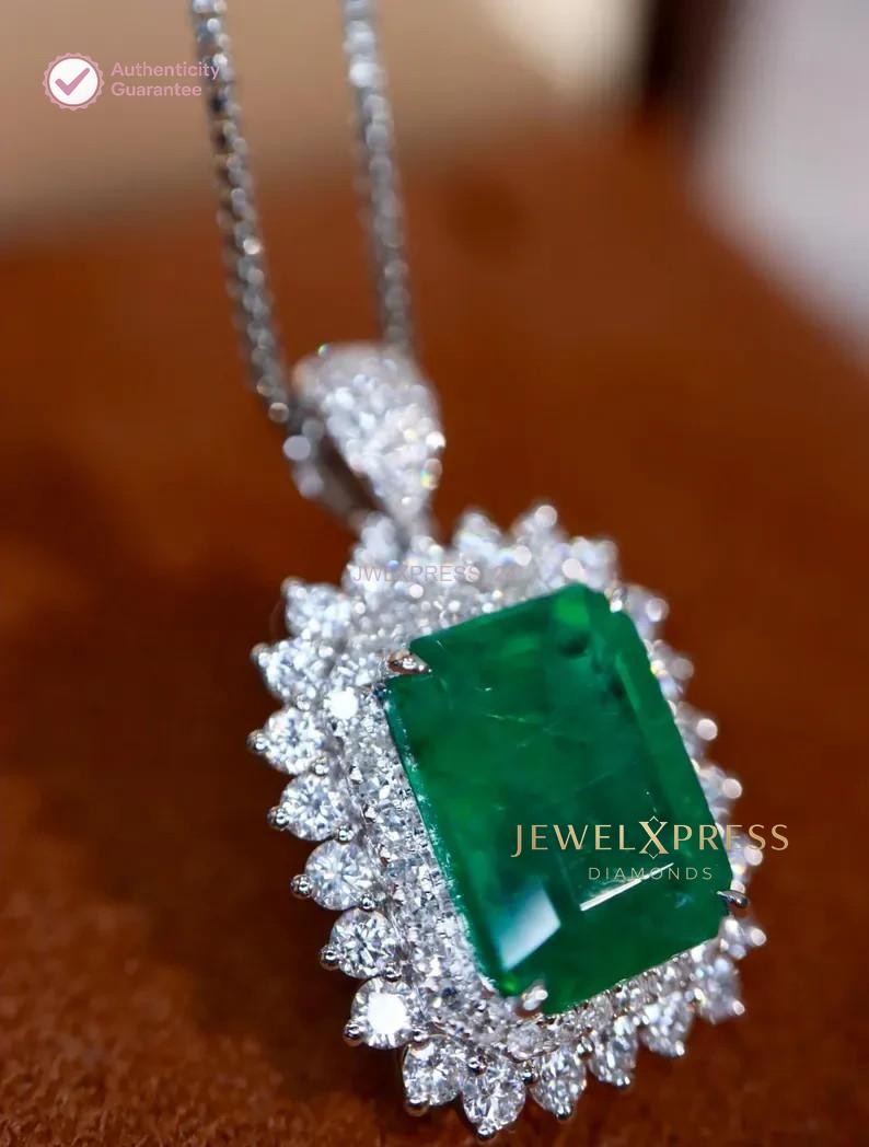 Handmade! 2.00CT Emerald Cut Natural Emerald & Diamond Halo Pendant 14k Gold