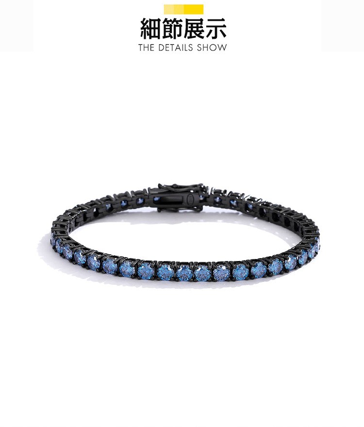 Royal Blue MOISSANITE Tennis Chain Bracelet 925 Sterling Silver Plated Gun Black