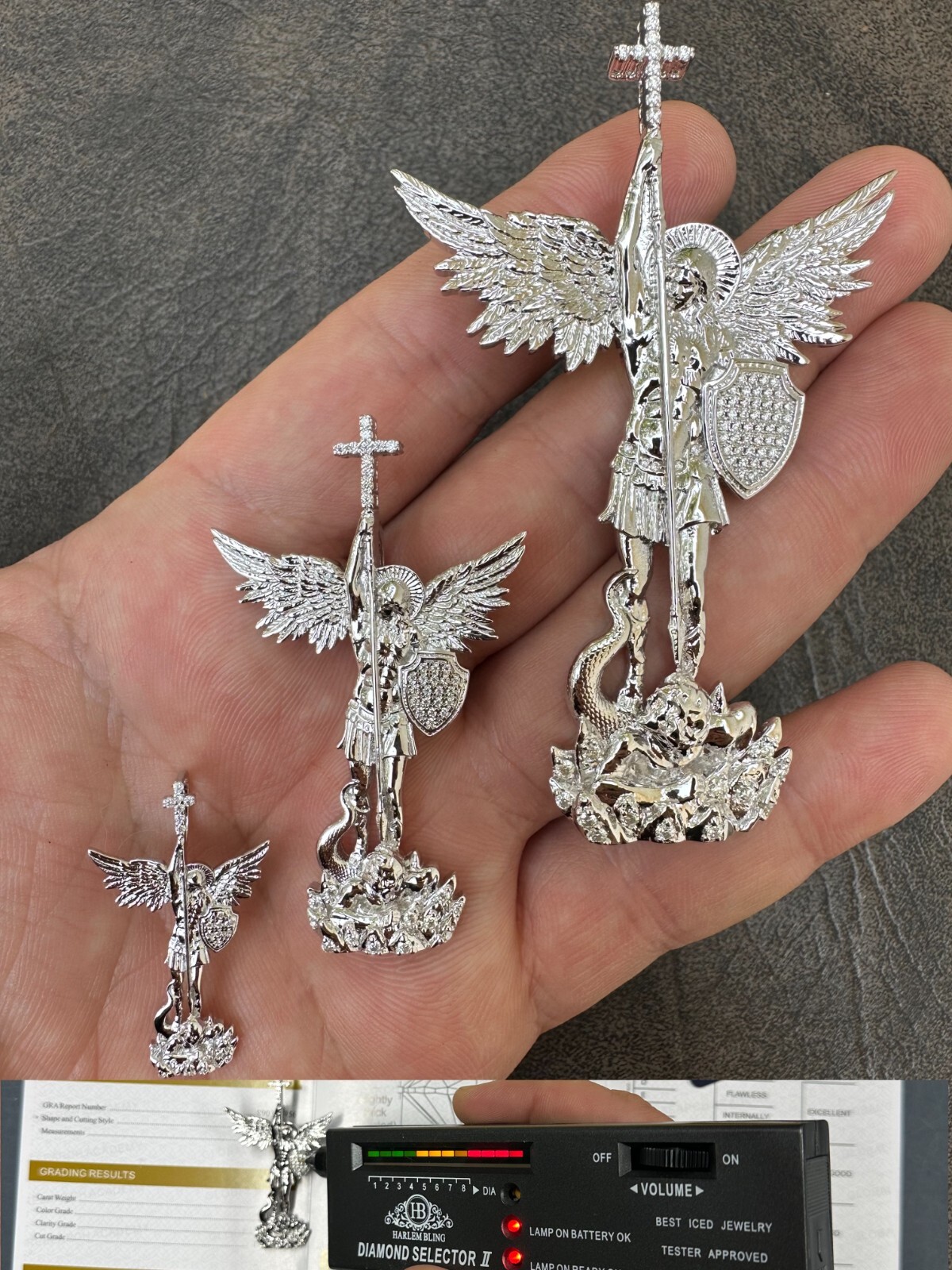 MOISSANITE Saint St Michael Slaying Dragon Archangel Pendant 925 Silver – 1-3″