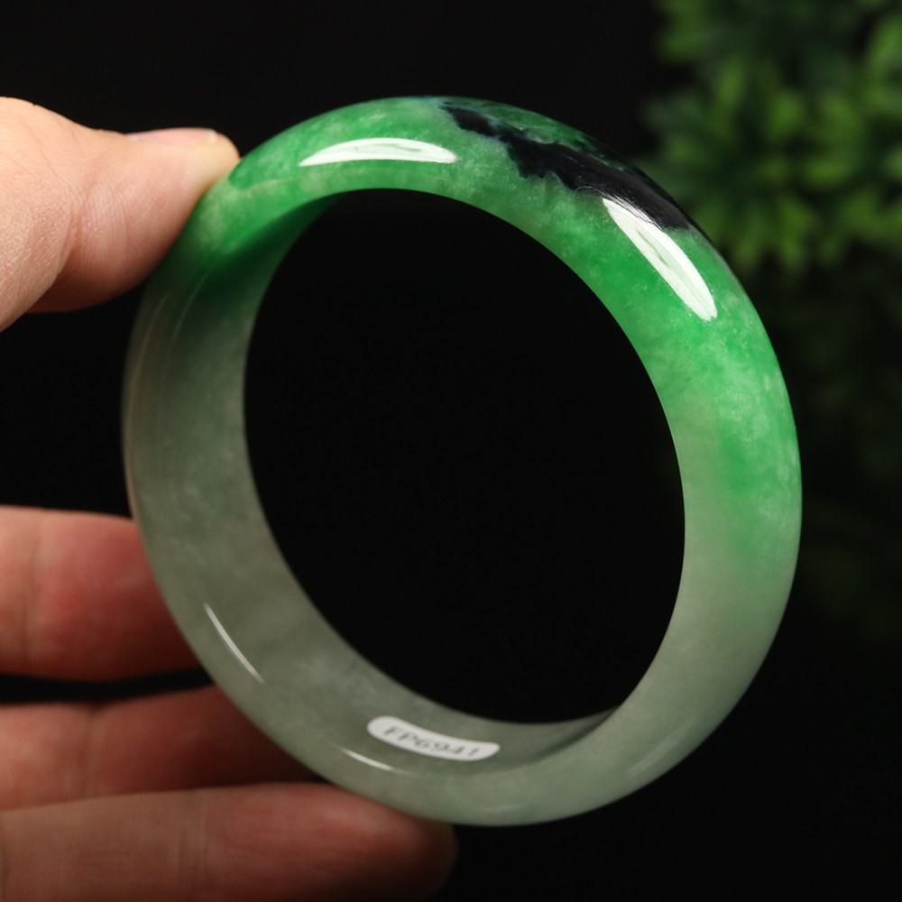 61mm Black Emerald Green Jadeite Jade Bangle Bracelet Burma Jade Bangle A-13935
