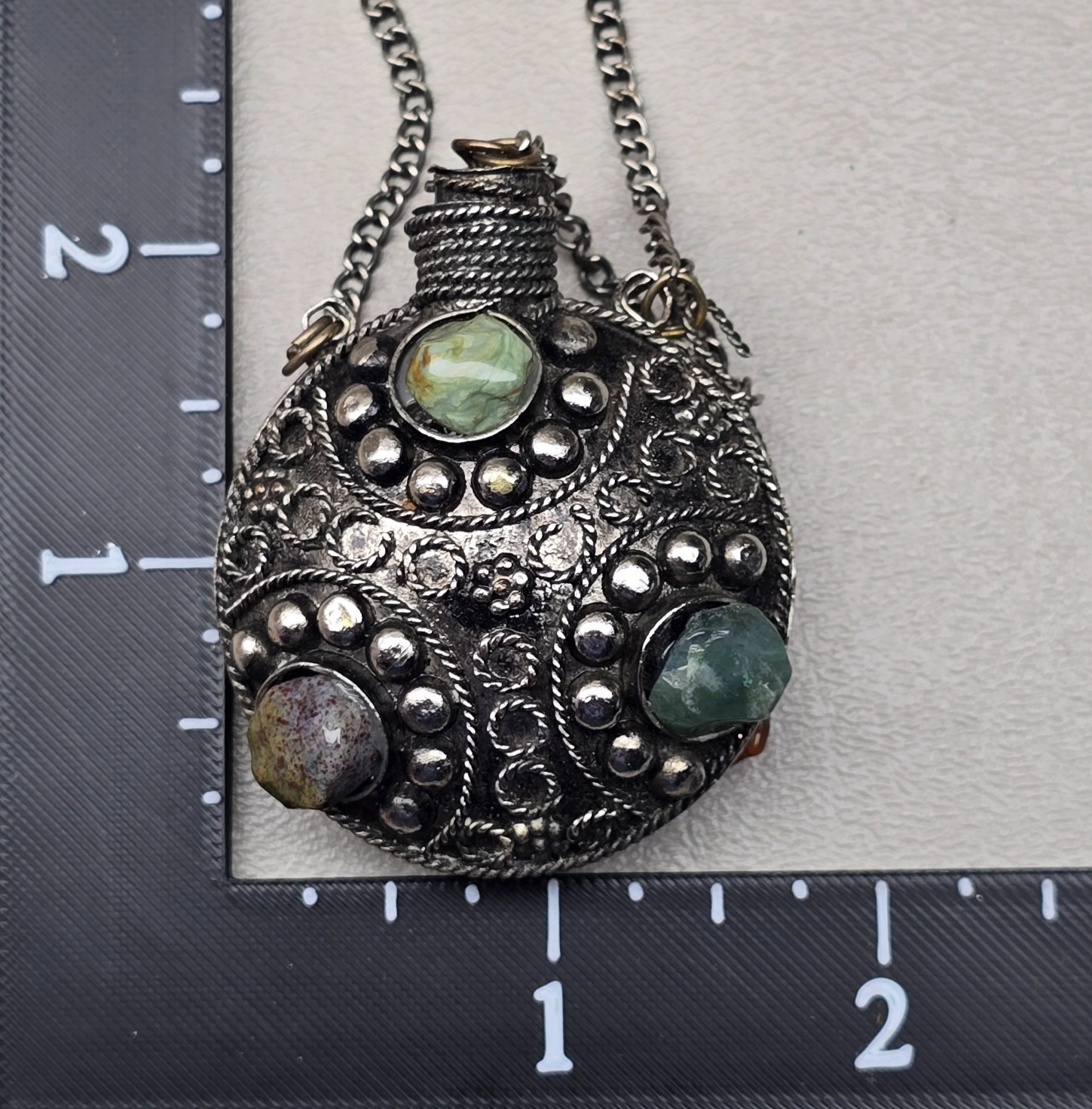 Vintage Perfume Bottle Necklace Filigree Statement Silver Tone 30in READ