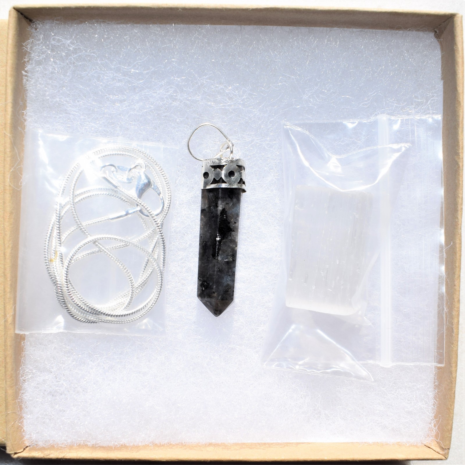 Charged Titanium Flash Larvikite Point Pendant + 20″ Stainless Steel Chain