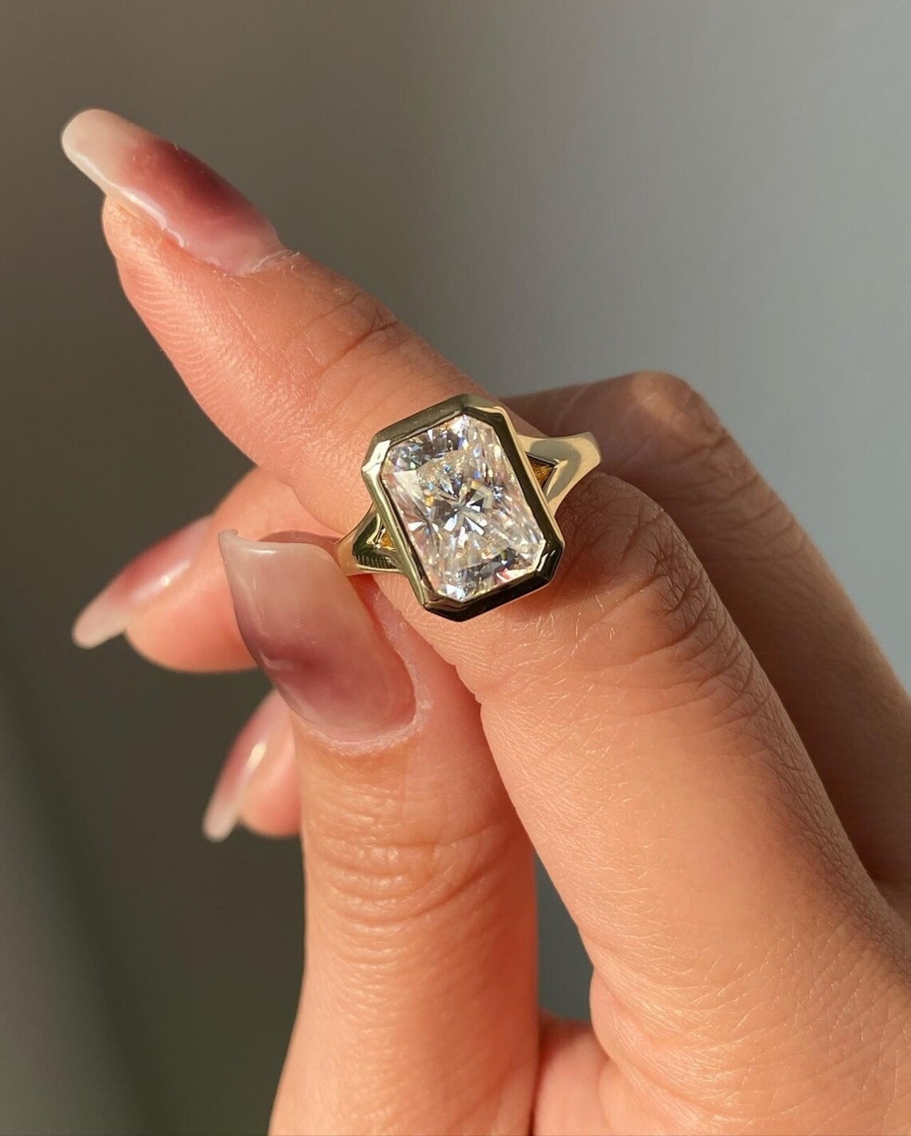 Radiant Cut Moissanite Solitaire Bezel Set Wedding Ring 14K Yellow Gold Plated