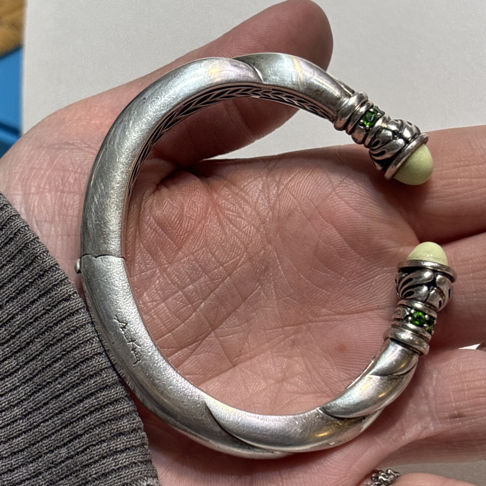 Rare Ann King Bracelet Hinged Cuff Green Sterling Silver Stone