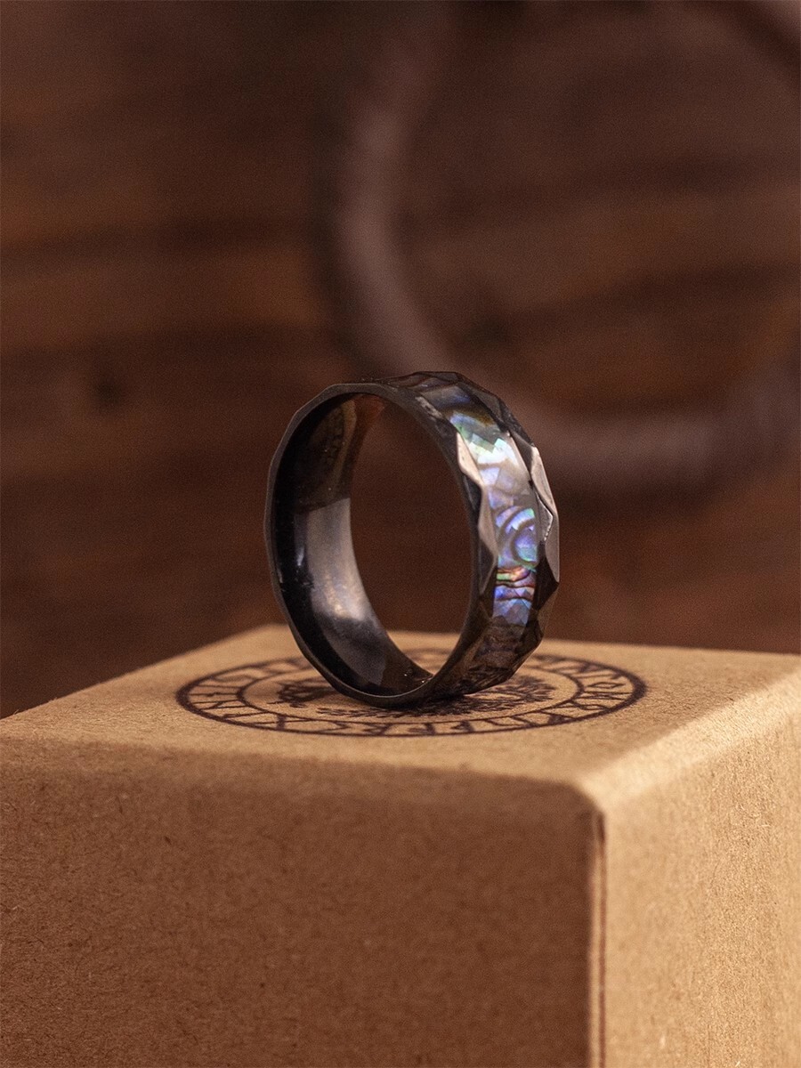 NIGHT WORKS Night Sea retro abalone shell inlaid black green ring simple