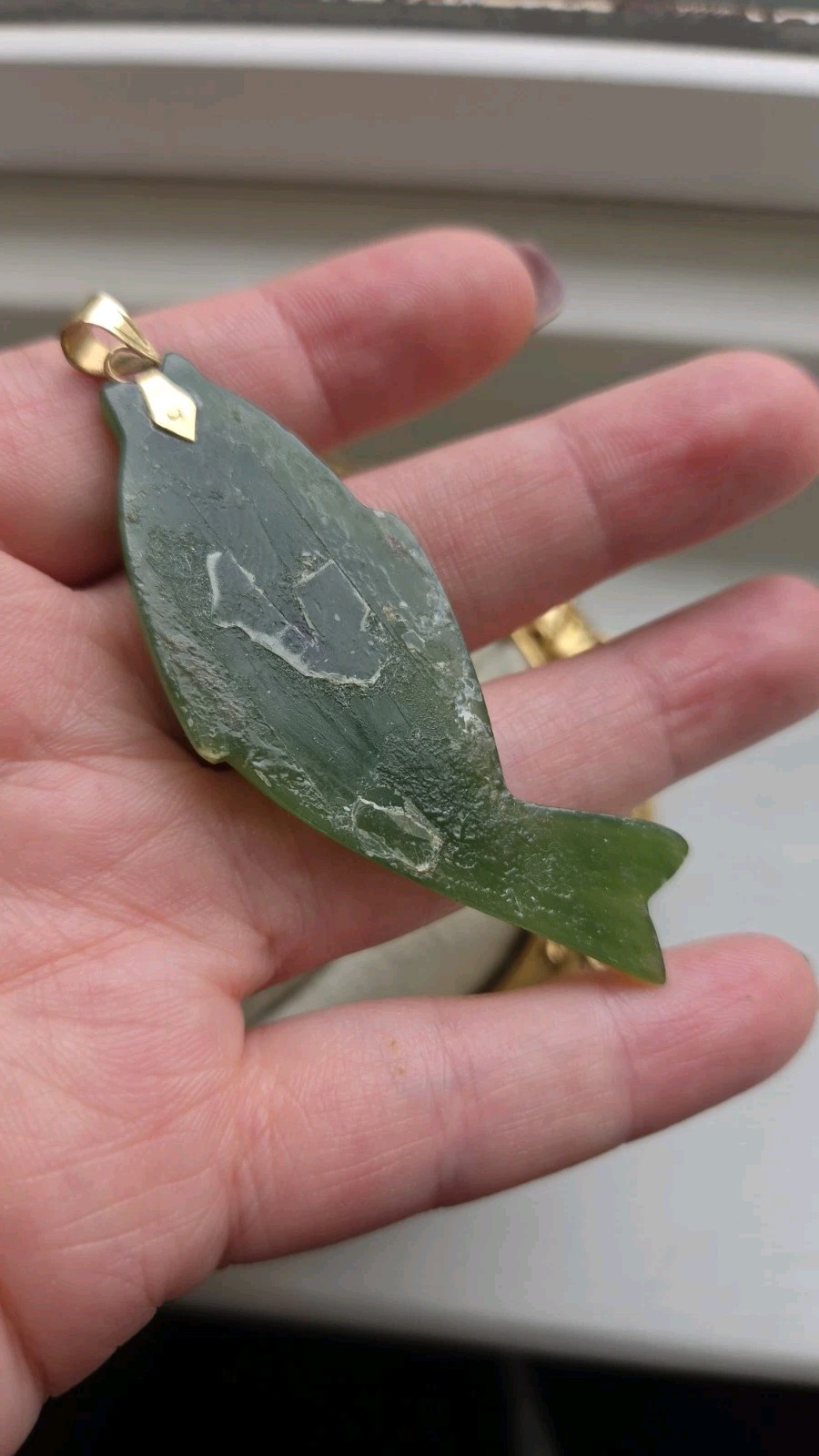 14k Yellow Gold Pendant With A Large Green Jadeite Hand Carved Koi Fish