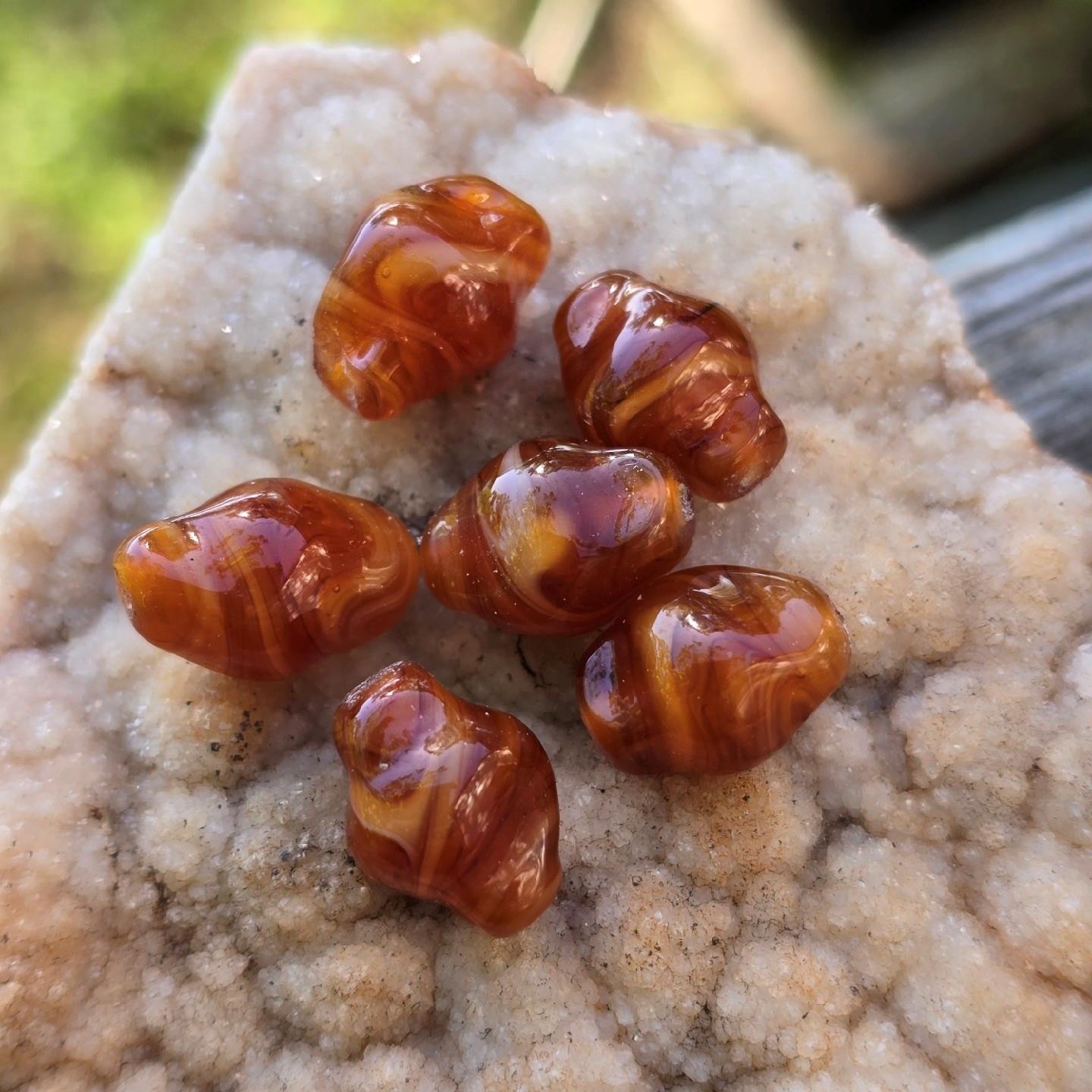 6 Vintage Handmade Lampwork Glass Beads Swirl Caramel Amber Brown Artisan